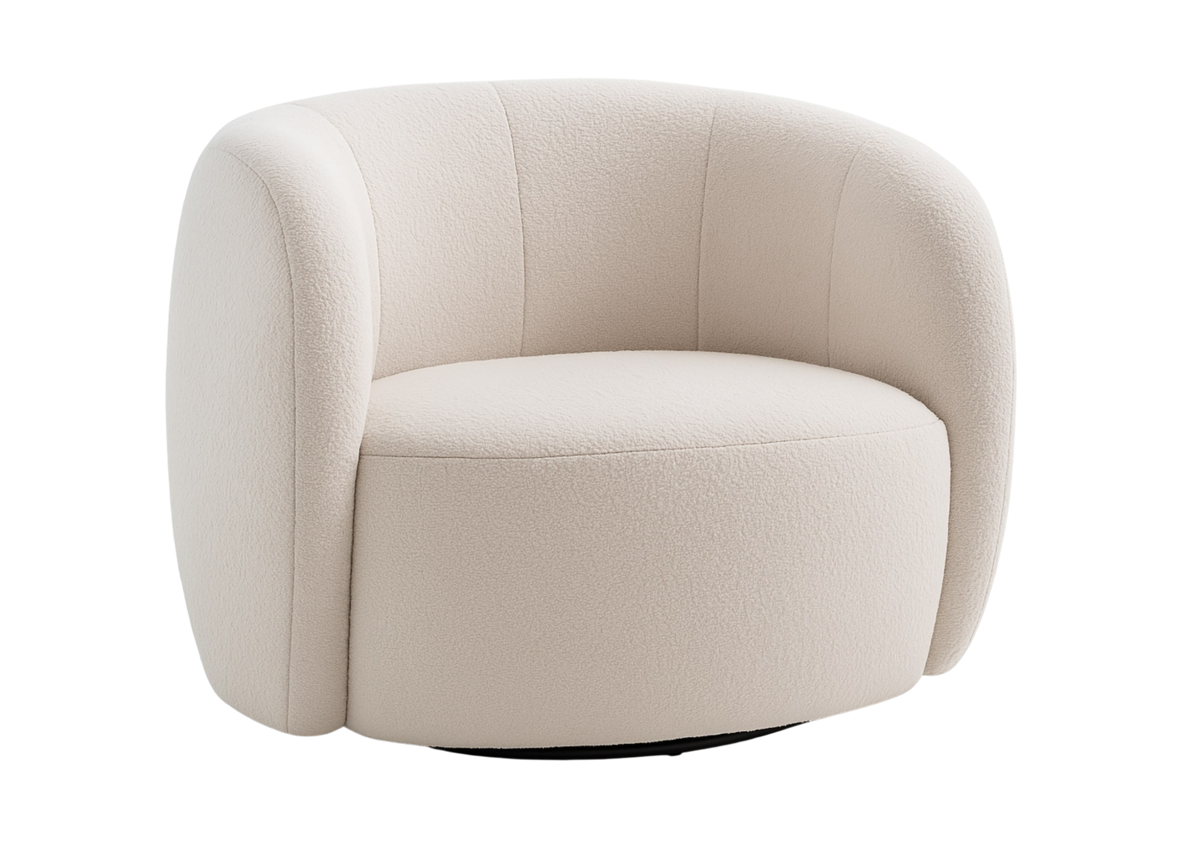 Poltrona Ema com base giratória. Conforto e design orgânico em tecido bouclé off white.