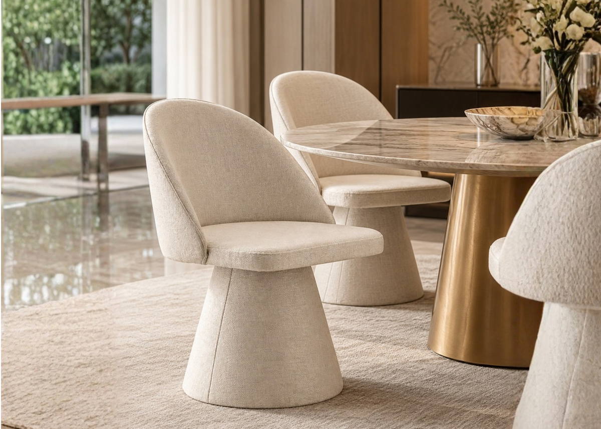 Poltrona giratória Evenn em sala de jantar sofisticada, combinando conforto e design elegante, ideal para compor ambientes modernos e refinados.