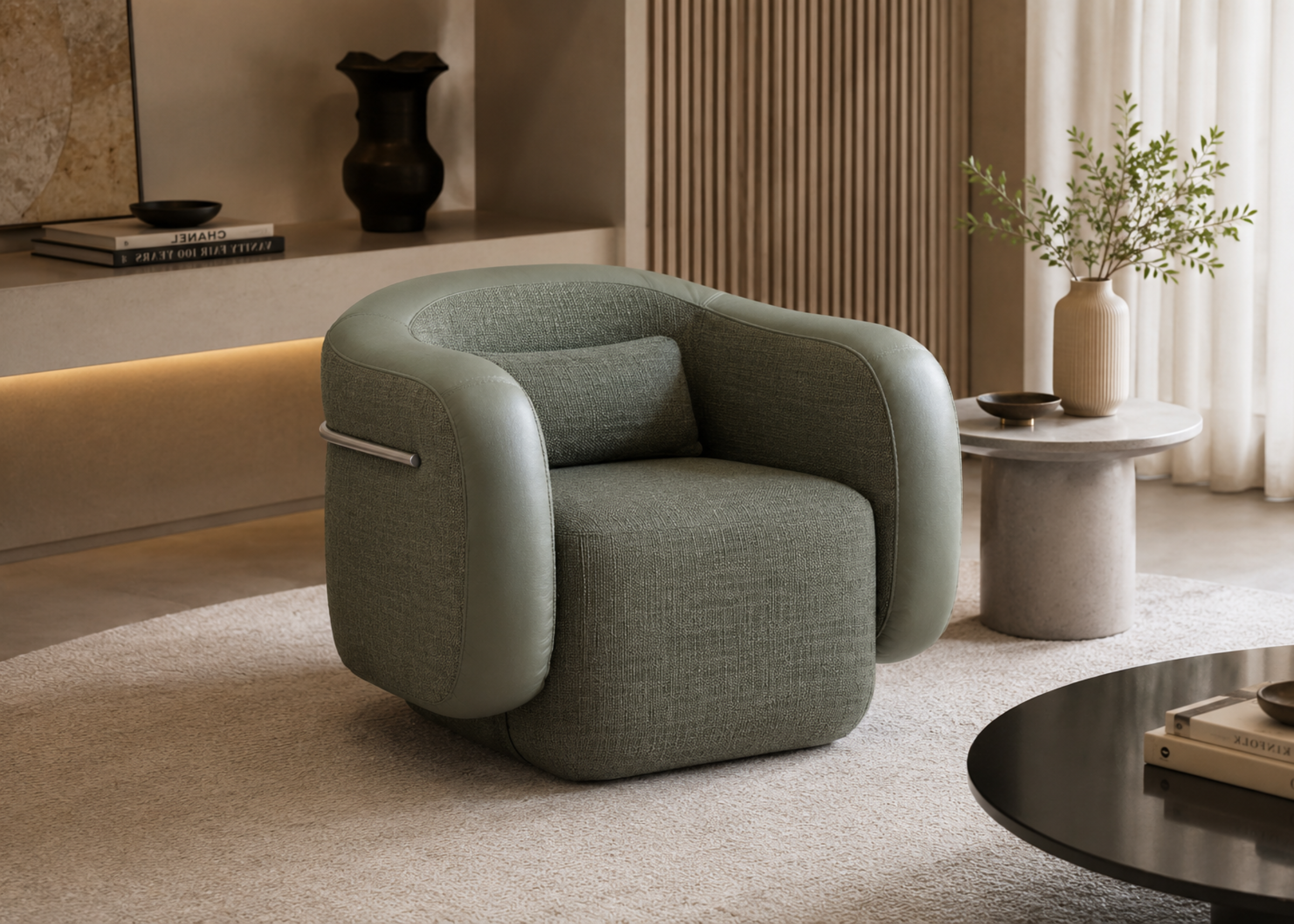 Poltrona giratória Gommo com revestimento em linho verde e detalhe em camurça verde, apresentando design confortável e sofisticado para ambientes refinados.