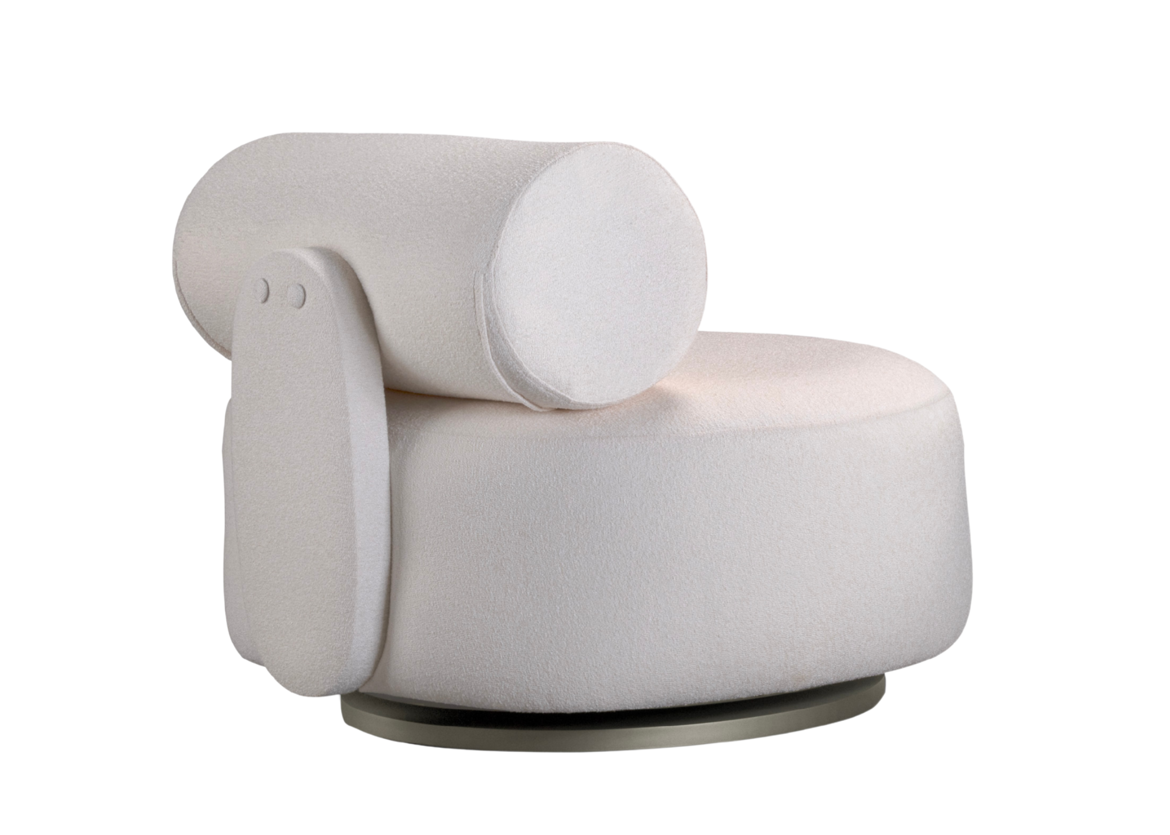 Poltrona Kenny giratória com detalhes elegantes no encosto e base metalizada, apresentando design sofisticado e contemporâneo, ideal para compor ambientes modernos e refinados.