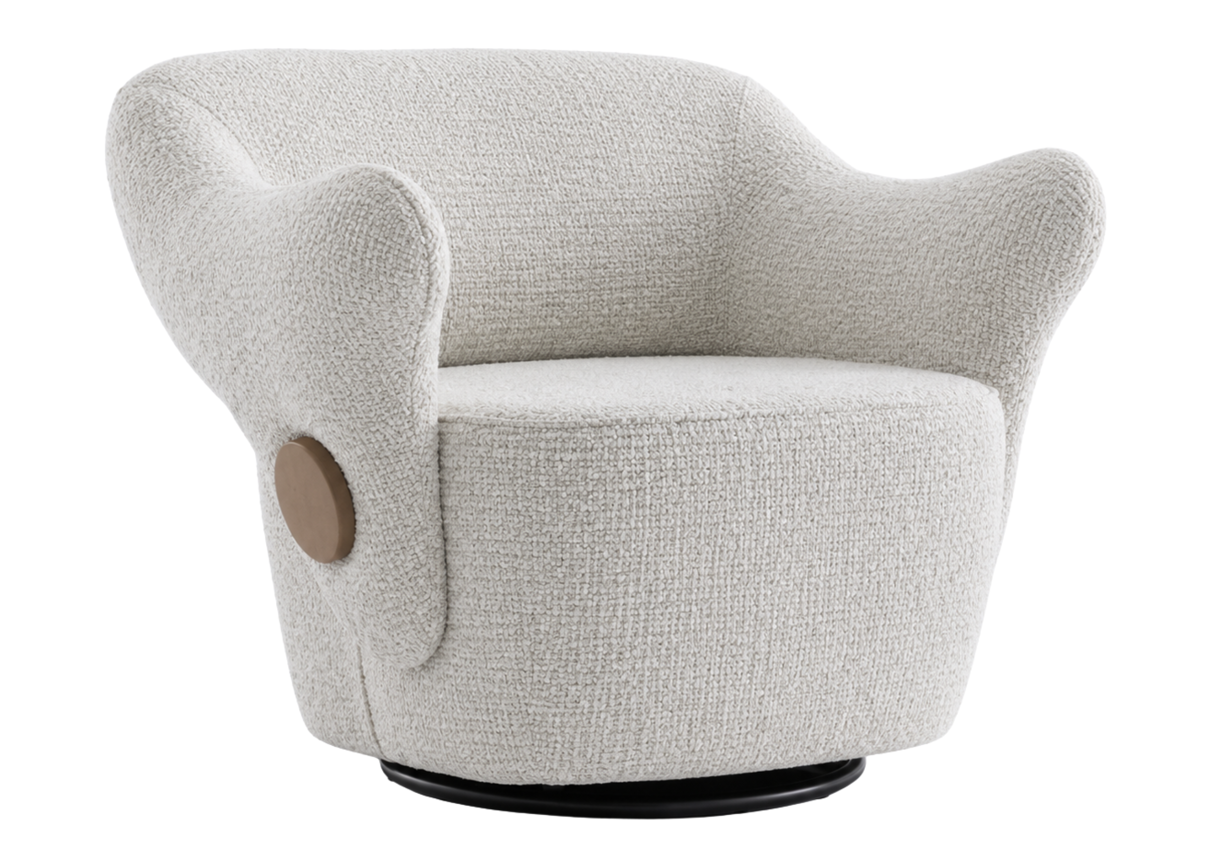Poltrona giratória Libella com revestimento em bouclé off white e detalhe em madeira, apresentando design elegante e sofisticado, ideal para compor ambientes modernos e acolhedores.