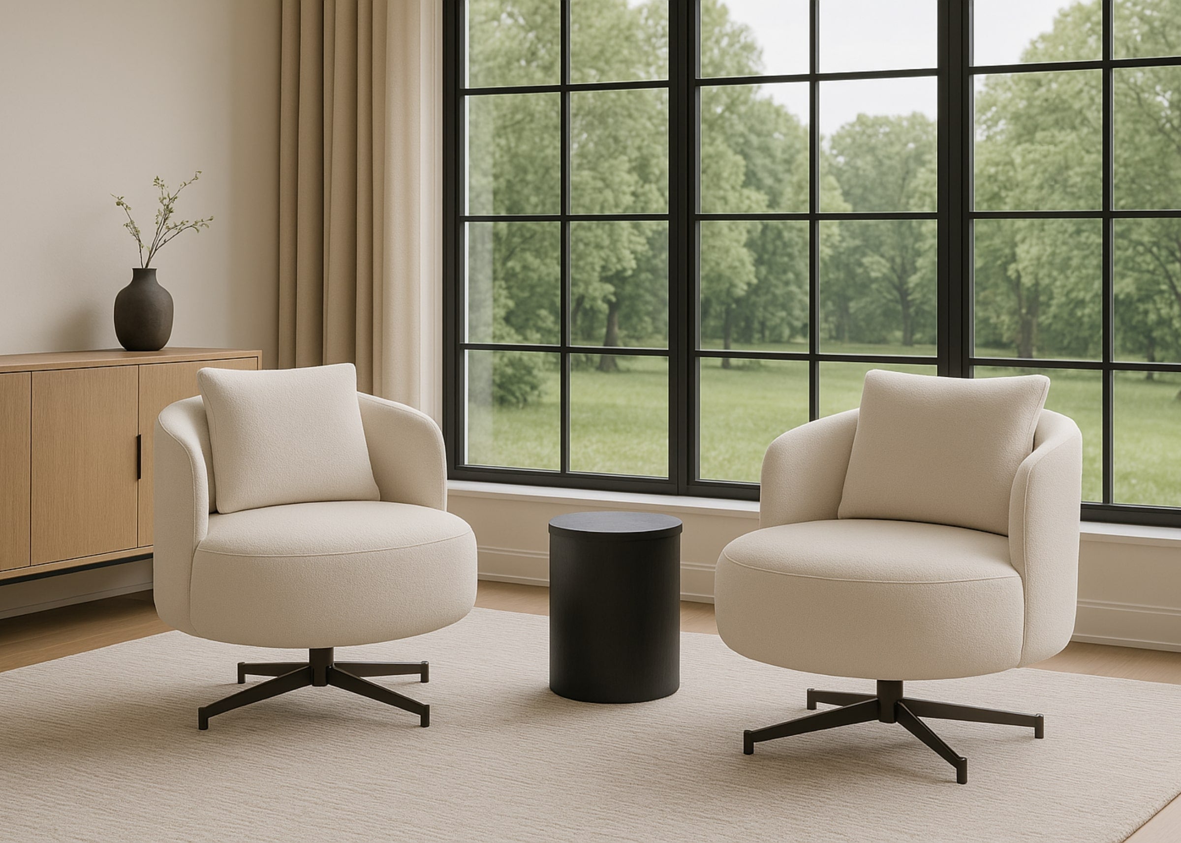 Poltrona giratória Amélia com design moderno arredondado, perfeita para salas de estar, cantos de leitura ou áreas de recepção.