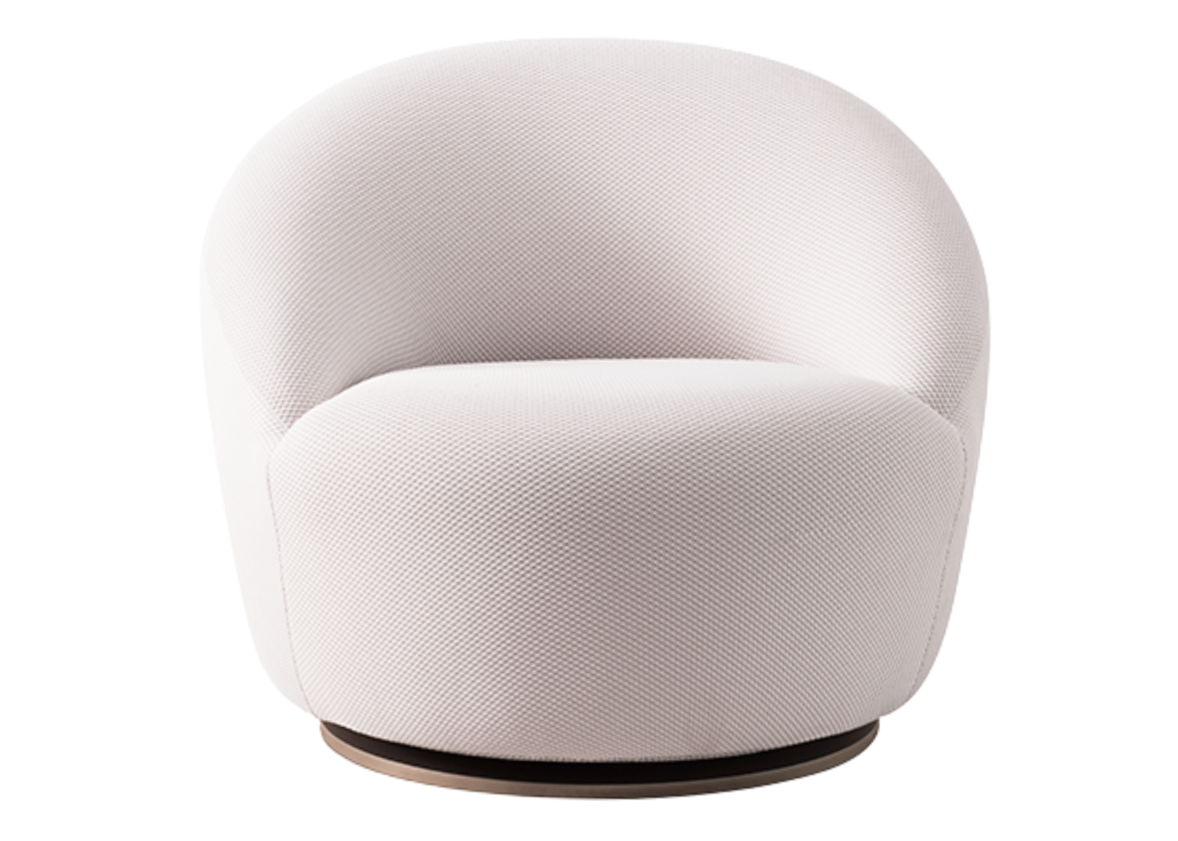 Poltrona giratória modelo Lotus, revestida em linho branco, design moderno e confortável, ideal para compor salas de estar elegantes.