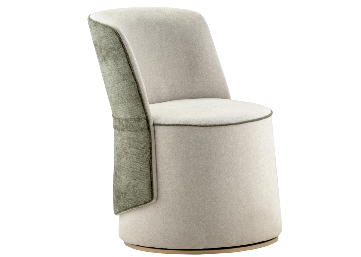 Poltrona giratória Prisma com elegante combinação de tecidos, design sofisticado e conforto, ideal para compor ambientes modernos e refinados.