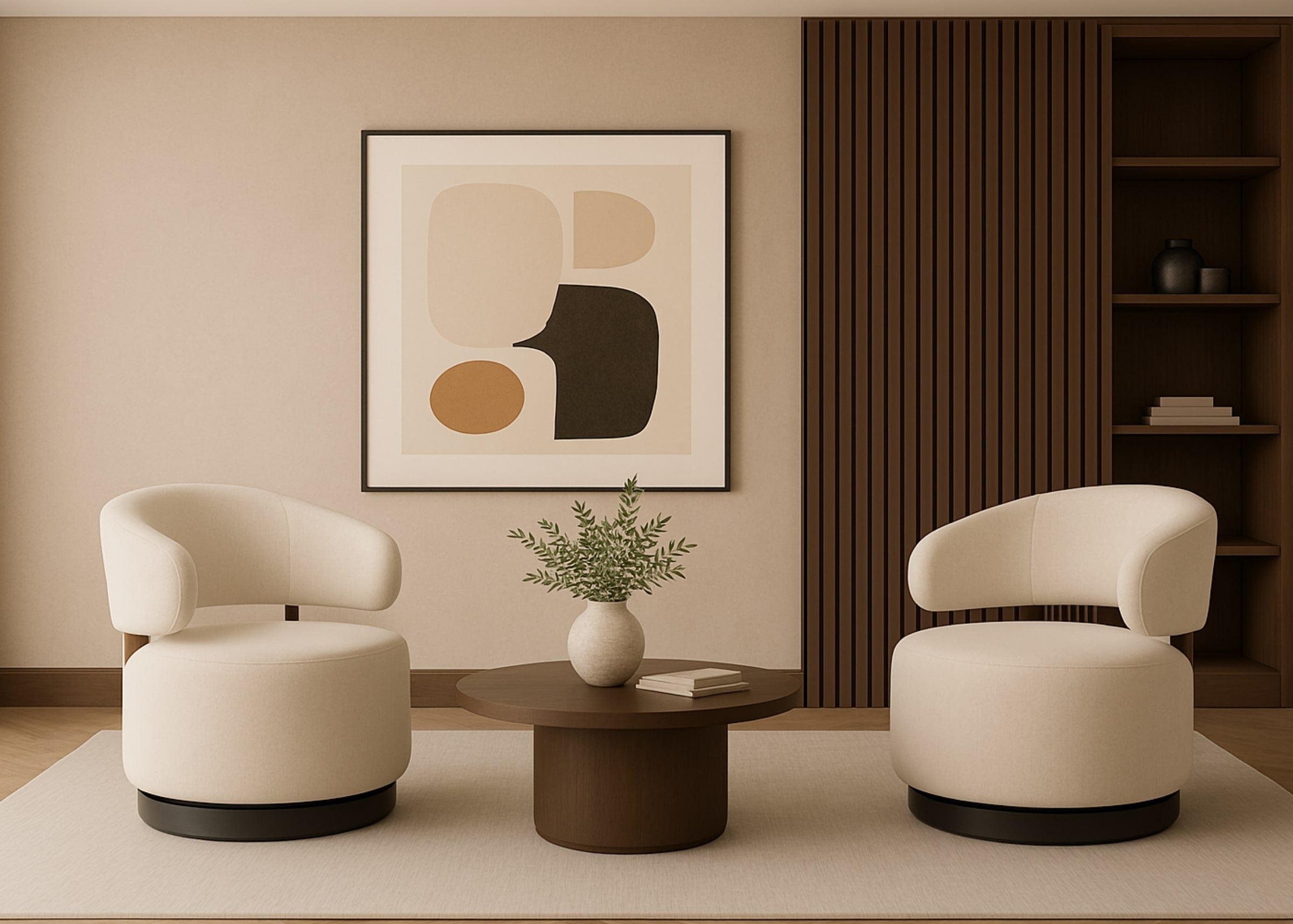 Duas poltronas giratórias redondas Zayn de design elegante em sala de espera moderna.