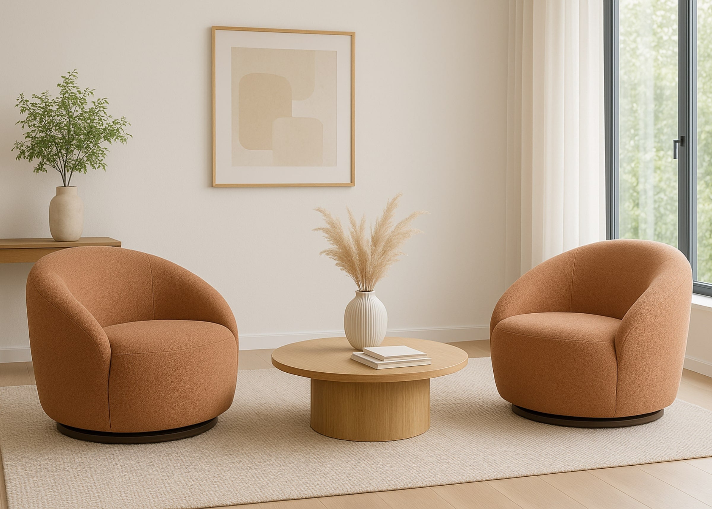 Poltrona giratória redonda Lotus em linho, design moderno e elegante para sala de estar.