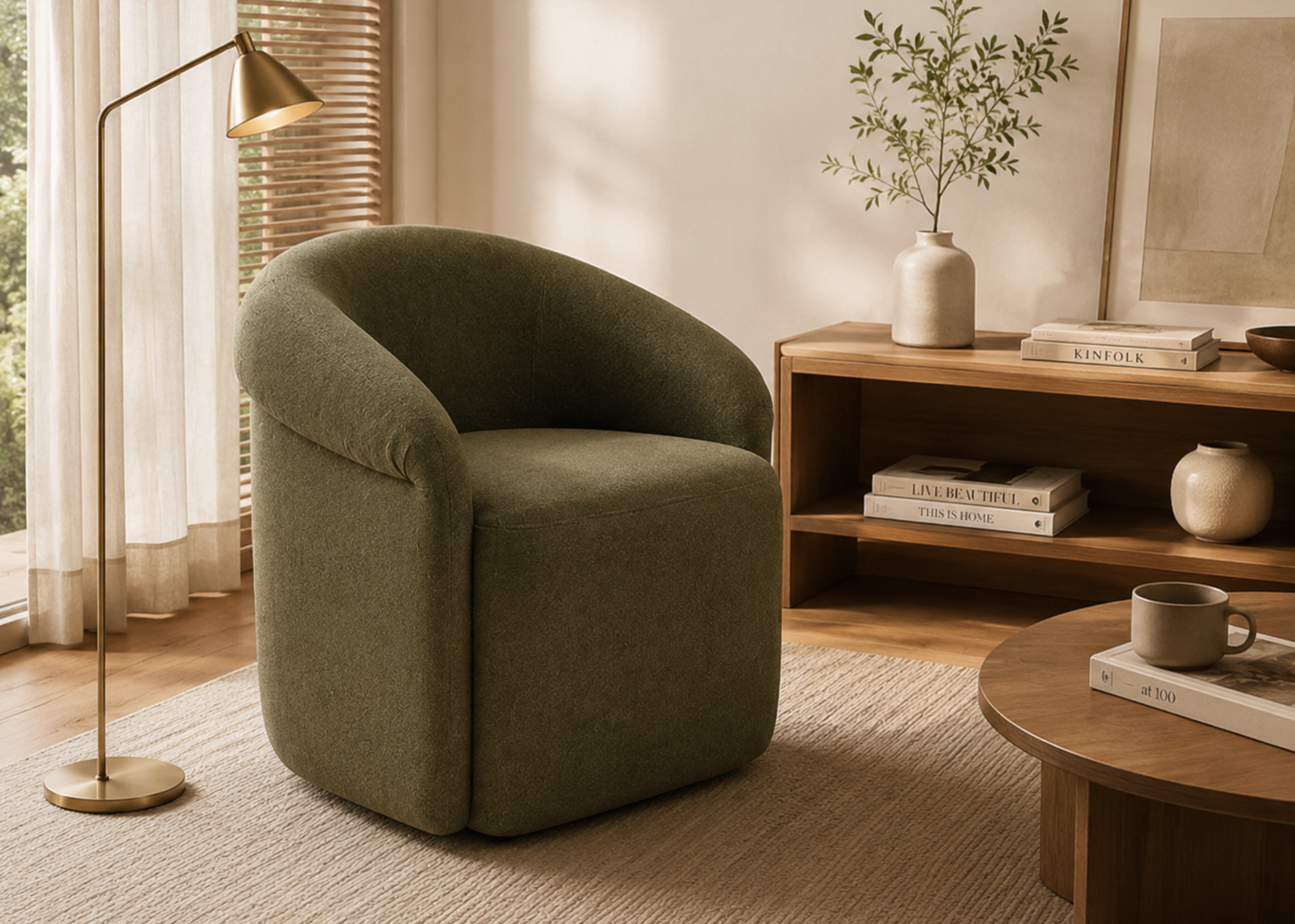 Poltrona giratória Sedersi com base em aço carbono e revestimento em bouclé off verde, apresentando design moderno e sofisticado para ambientes contemporâneos.