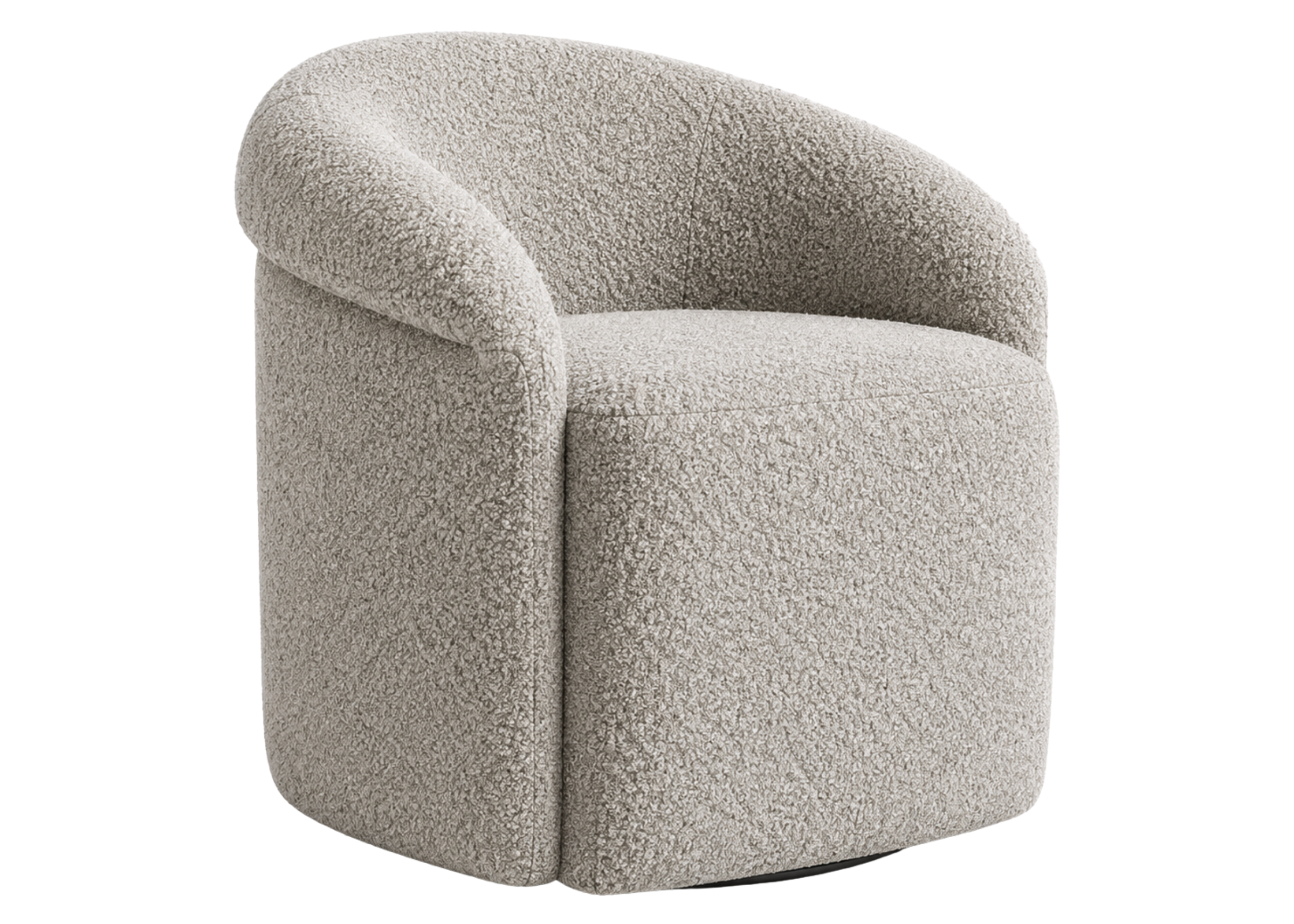 Poltrona giratória Sedersi com base em aço carbono e revestimento em bouclé off white, apresentando design elegante e sofisticado, ideal para compor ambientes modernos.