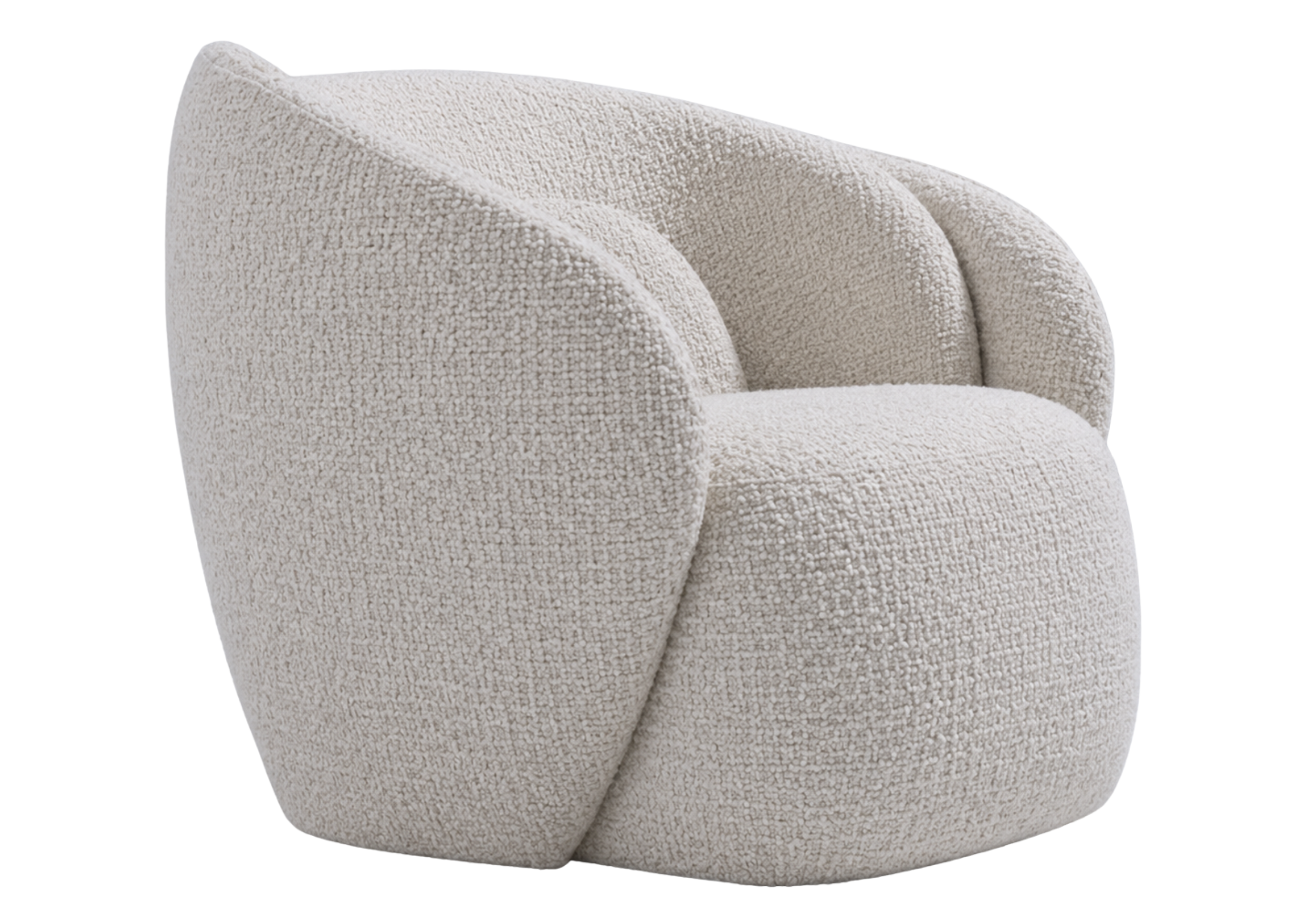 Poltrona giratória Tulipa com revestimento em bouclé off white e acabamento estofado, apresentando design elegante e sofisticado para ambientes modernos.