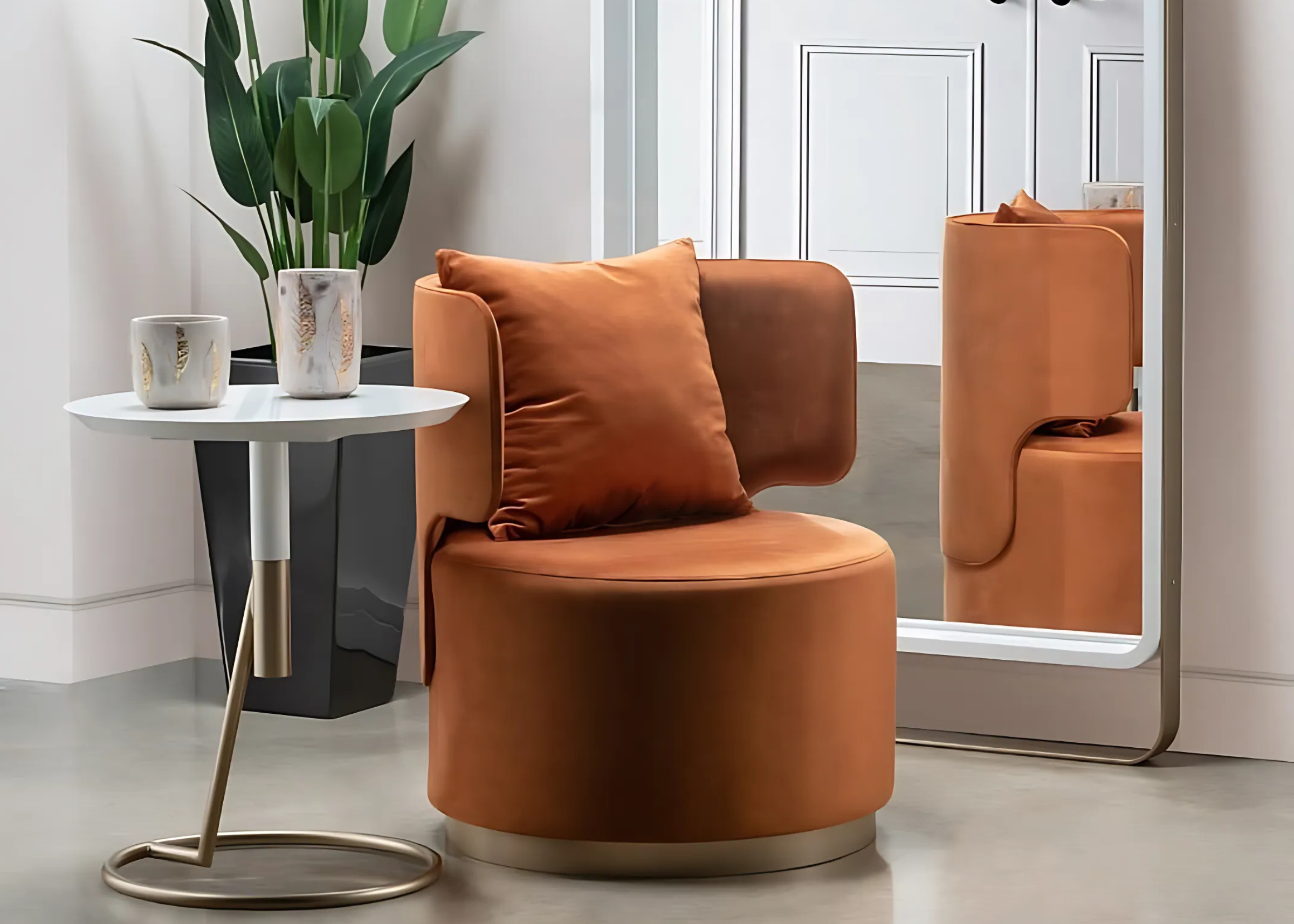 Poltrona giratória Divine em veludo na cor caramelo, com base metálica, vista sobre fundo elegante. Peça elegante para compor ambientes aconchegantes.