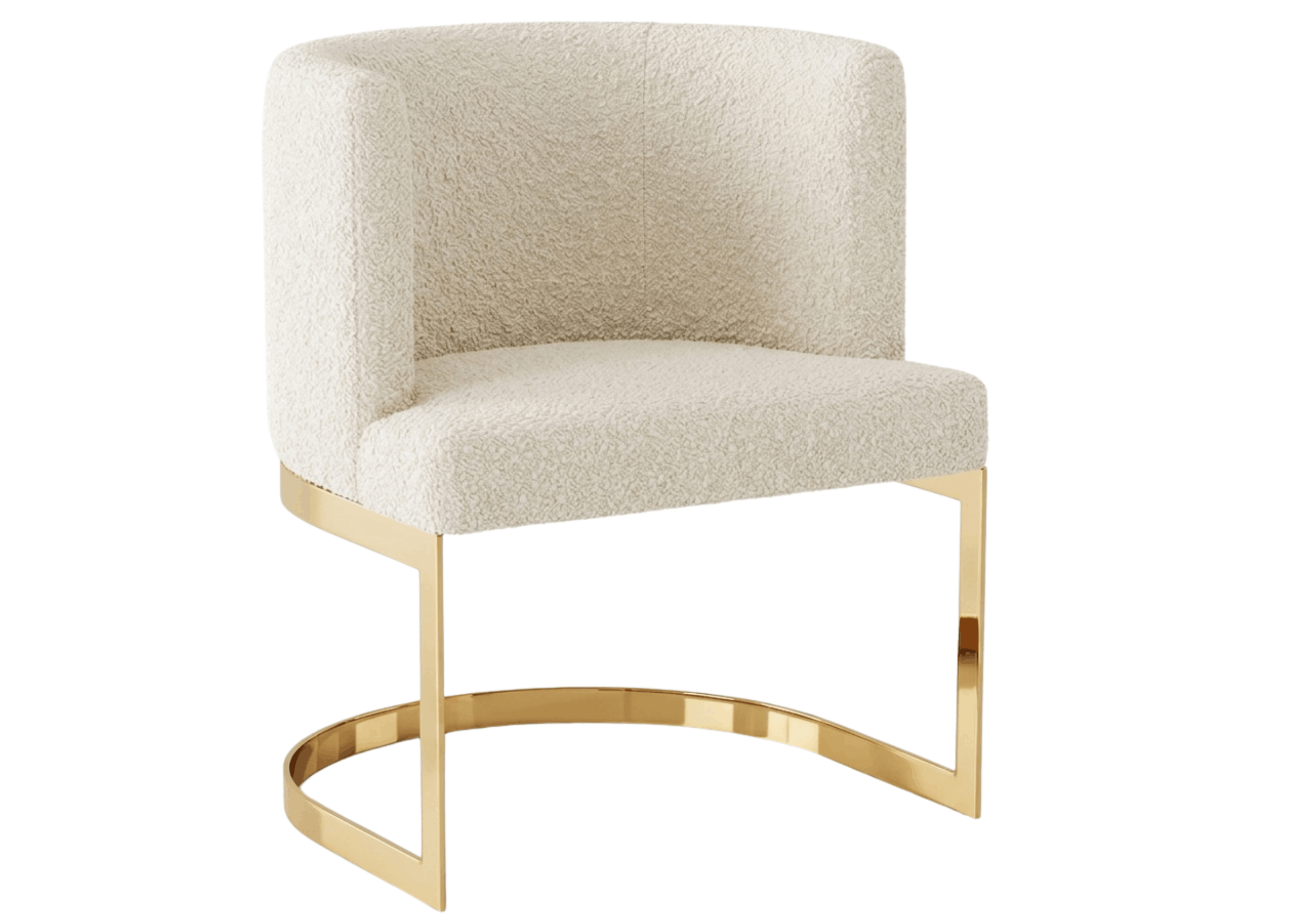 Poltrona boucle de luxo com encosto curvo e base dourada em aço inox.