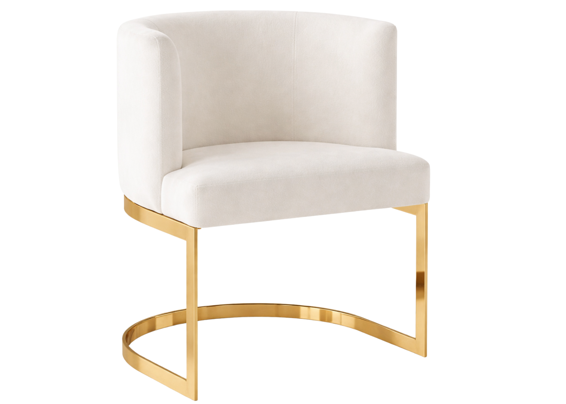 Poltrona boucle de luxo com encosto curvo e base dourada em aço inox.