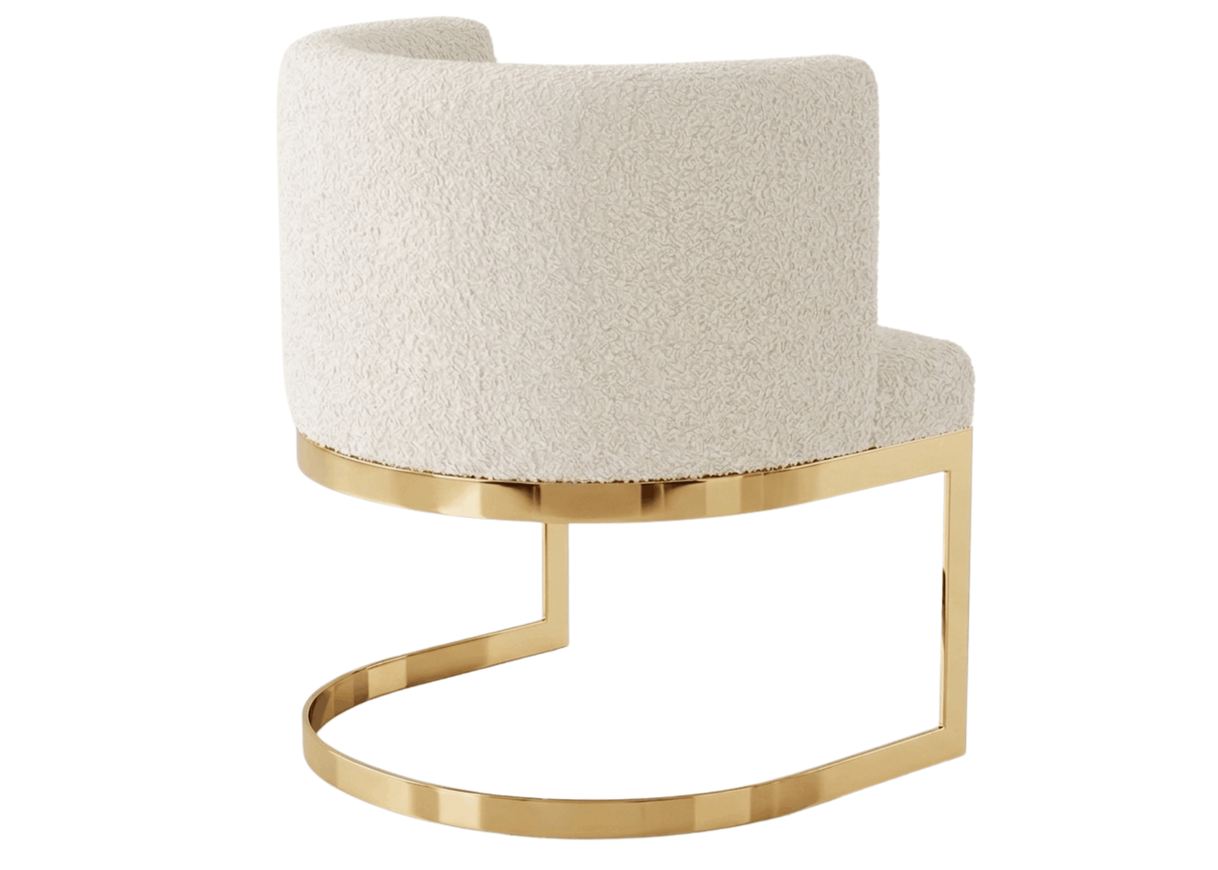 Poltrona de jantar boucle com estrutura dourada e design moderno.