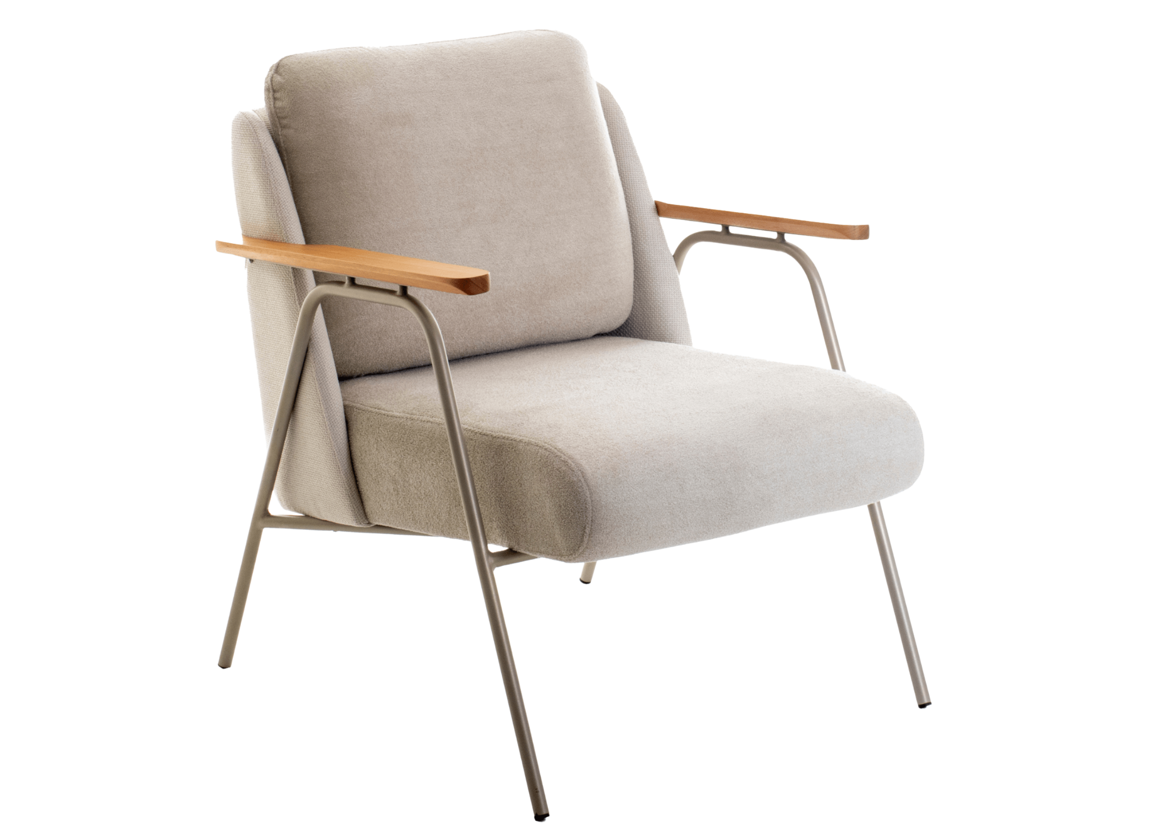 Poltrona Lancer com estrutura em aço carbono fendi e revestimento em linho cinza, apresentando design sofisticado e confortável para salas de estar modernas.