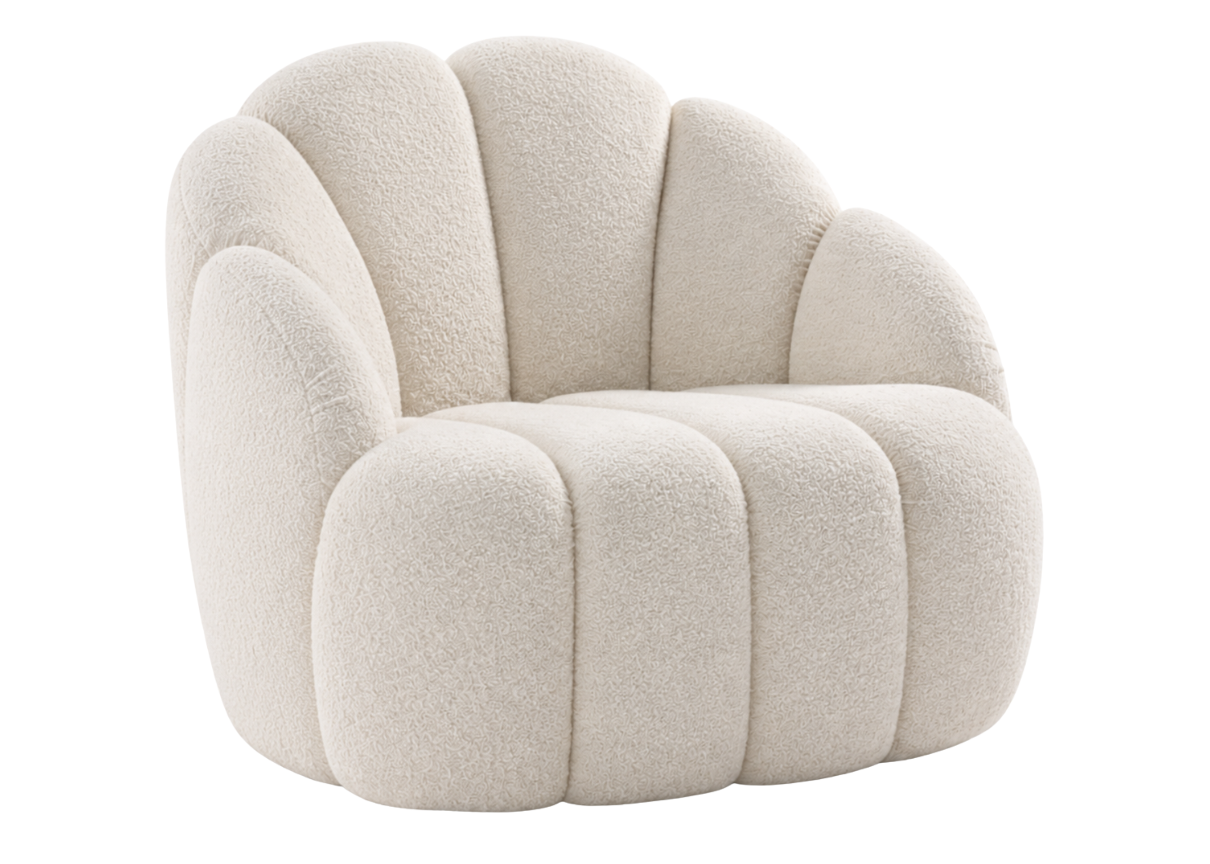Poltrona Magnólia com base giratória e revestimento em bouclé off white, apresentando design totalmente estofado, elegante e sofisticado para ambientes modernos.