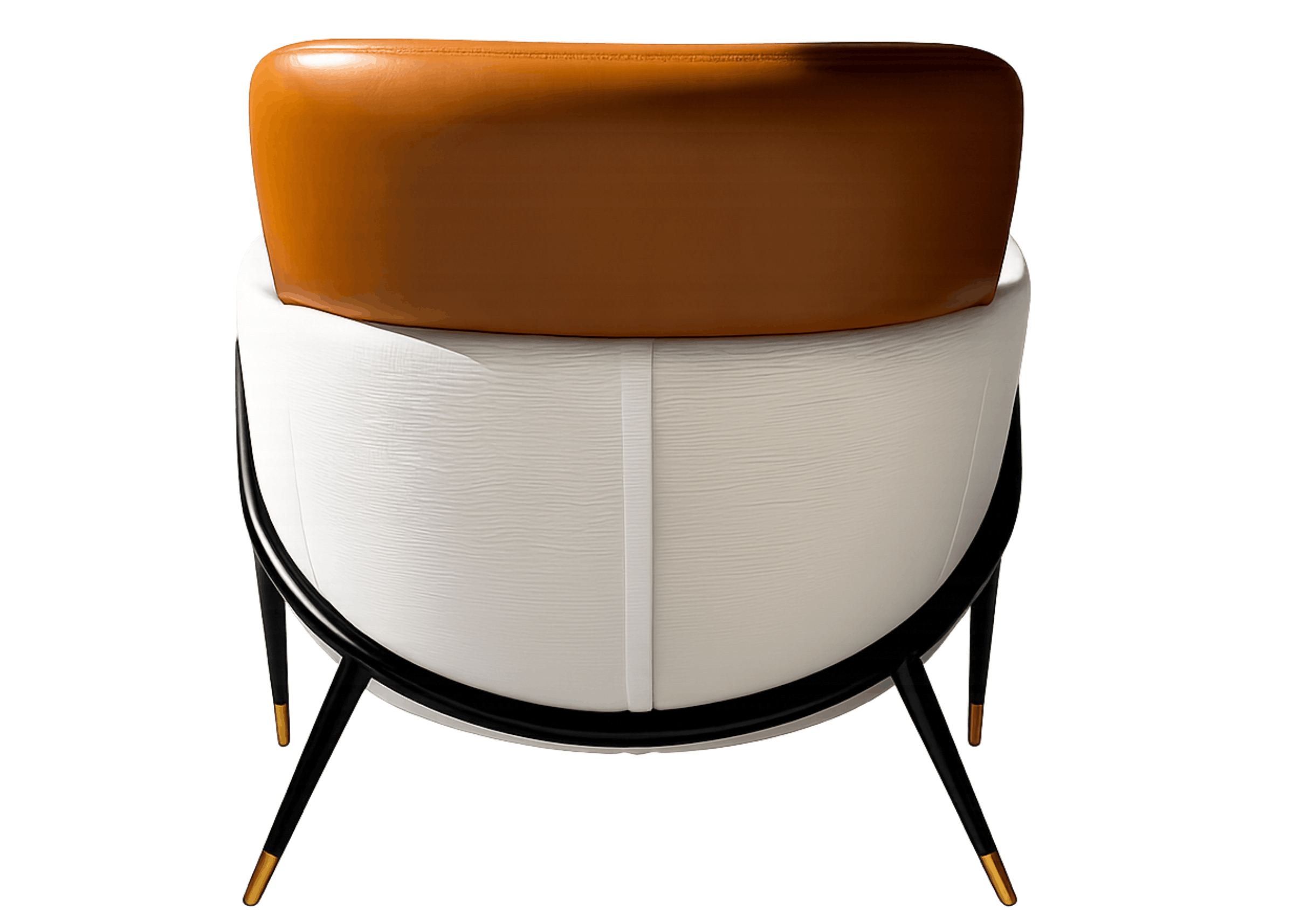 Detalhe da Poltrona Medelin com estrutura laqueada preta e ponteira em metal gold destacando acabamento sofisticado.