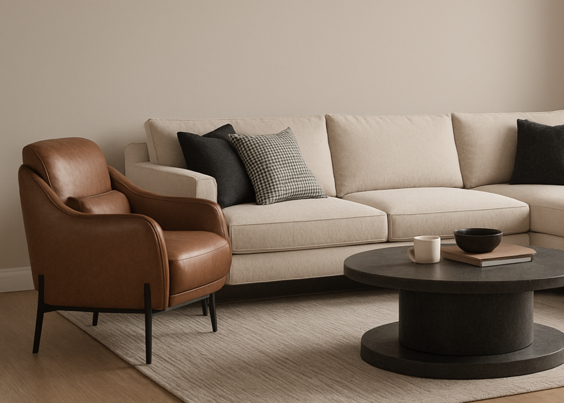 Poltrona moderna com base fixa em couro natural modelo Bellamare, apresentada em sala de estar sofisticada.