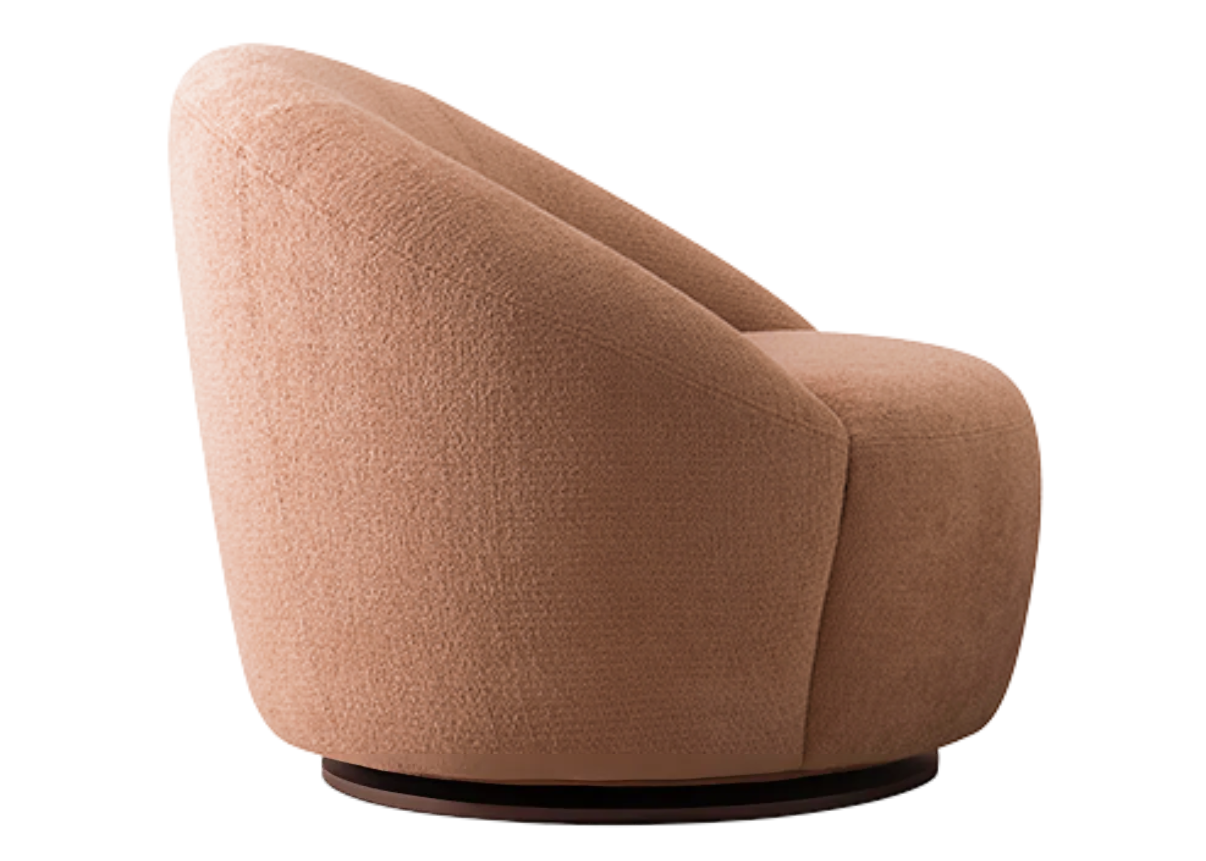 Poltrona moderna giratória modelo Lotus, revestida em bouclé e com design confortável, ideal para salas de estar ou jantar elegantes.