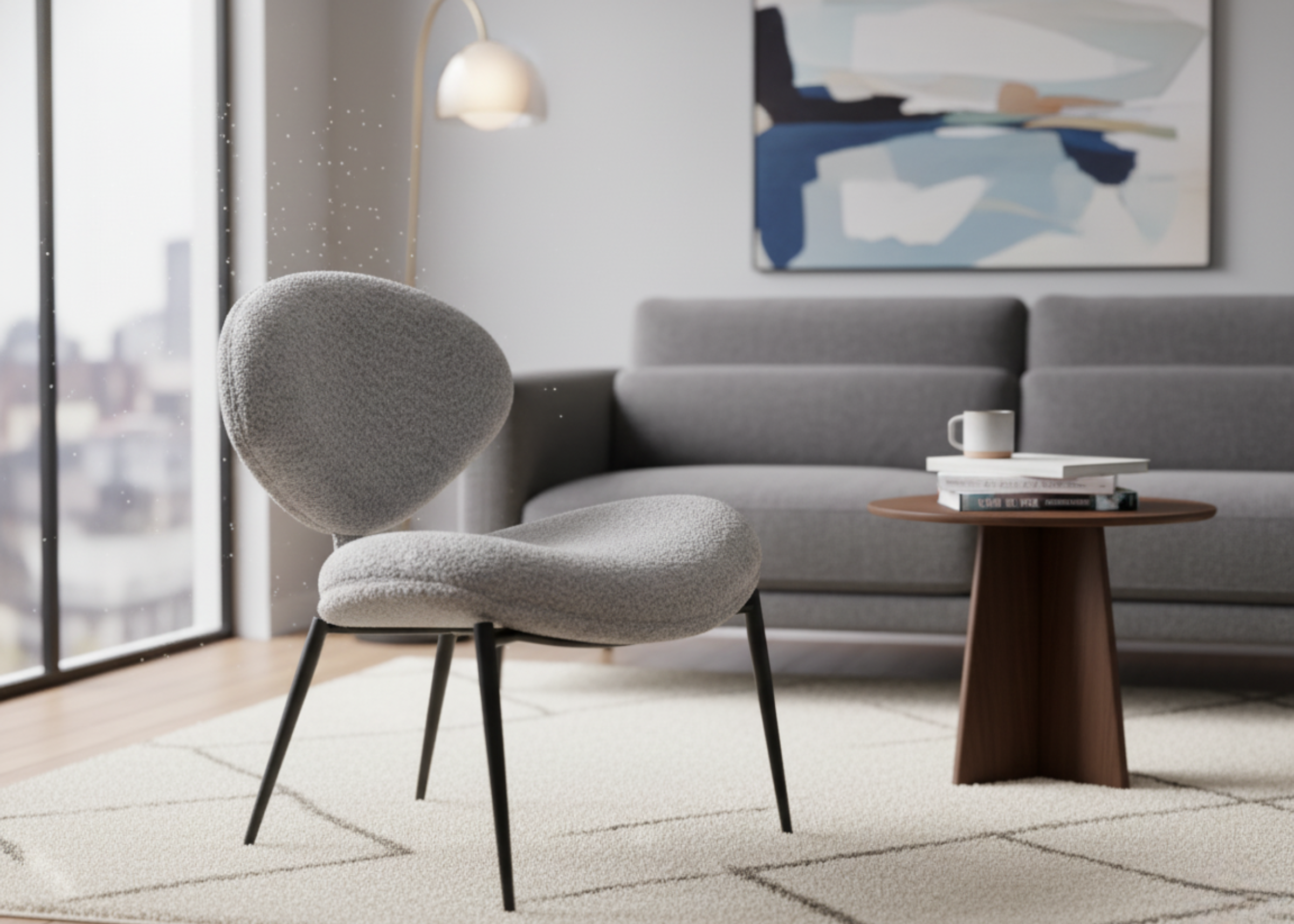 Poltrona modelo Persona para sala de estar moderna, em tecido bouclé e base em aço carbono preta, design elegante e sofisticado.