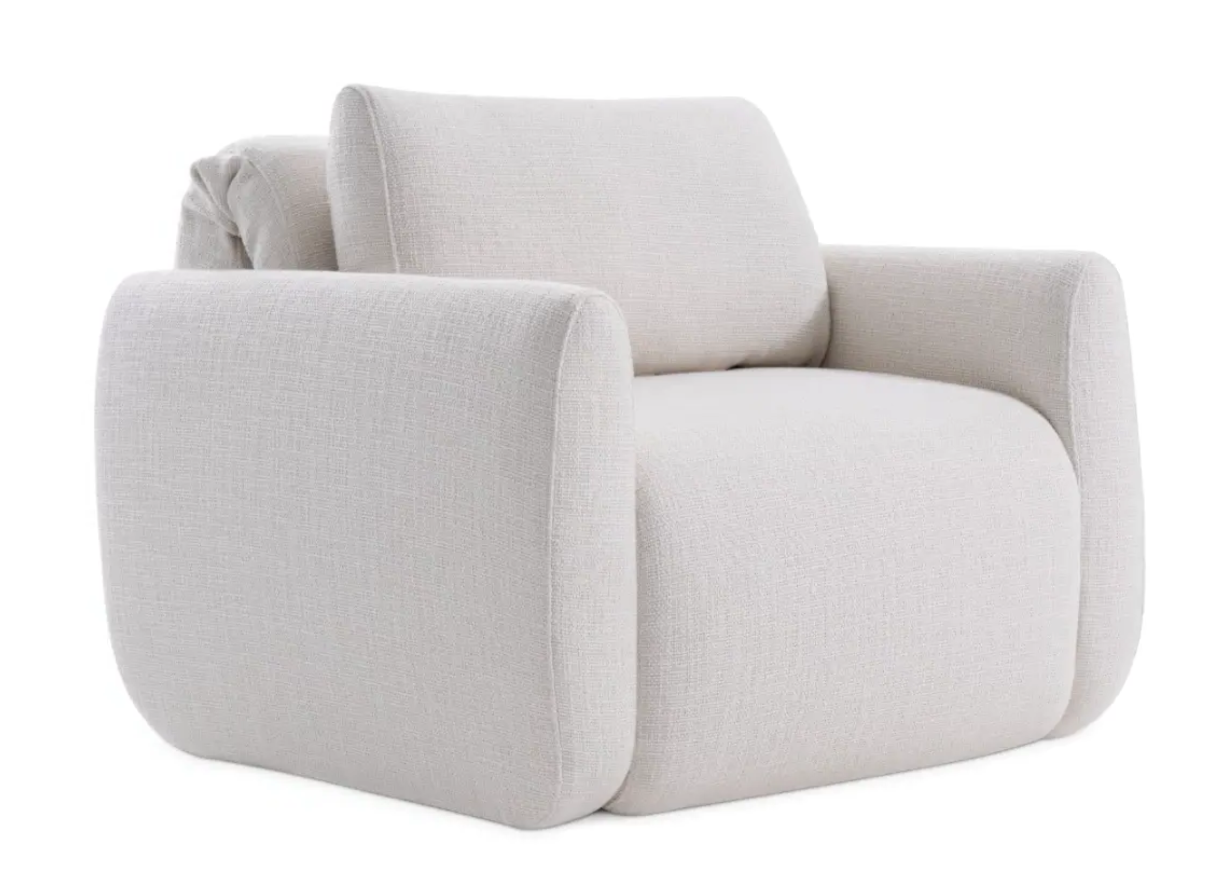 Poltrona Drica para sala de estar estofada em tecido linho off white com encosto baixo, design elegante e confortável.