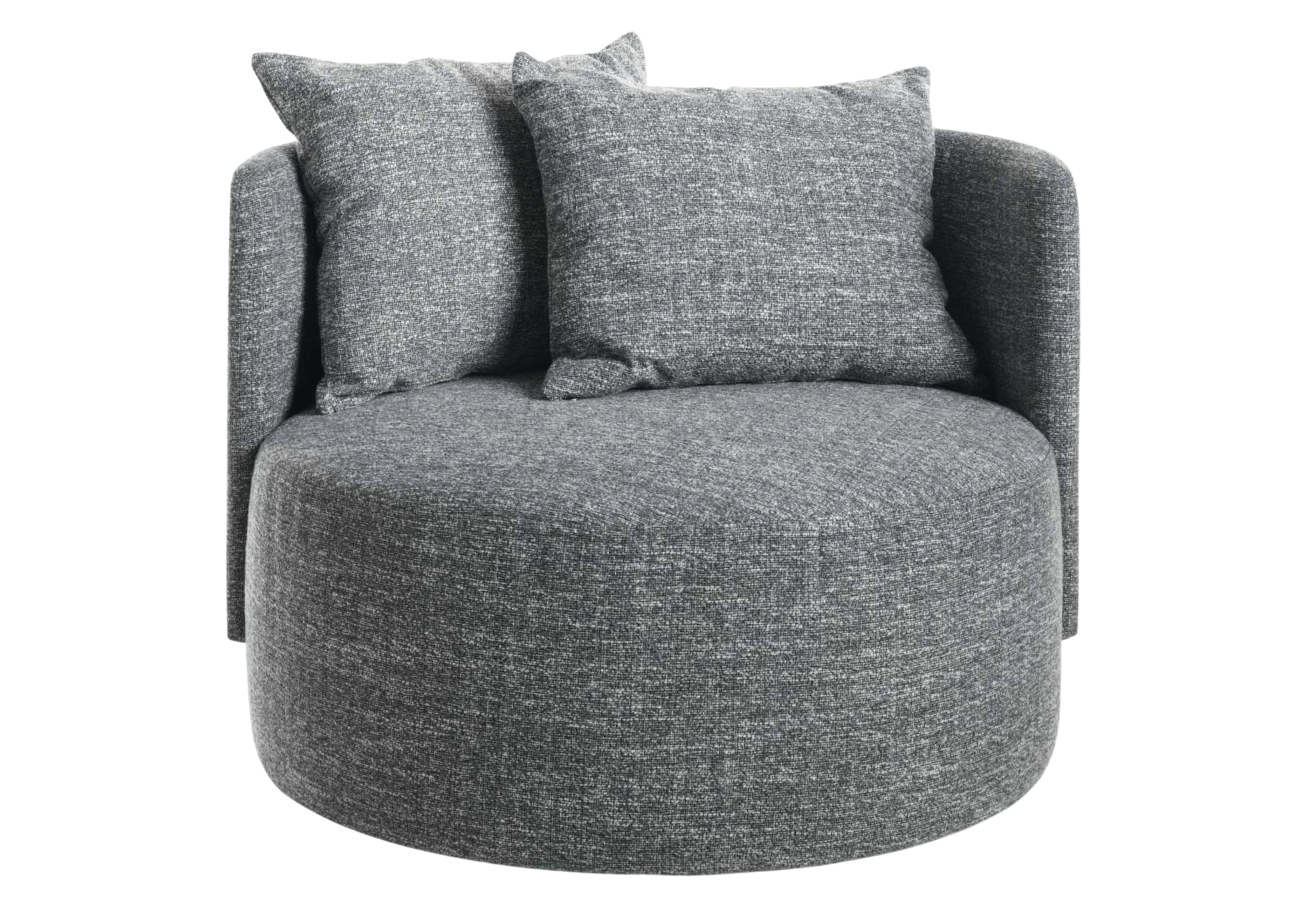 Poltrona Tayla redonda e giratória, revestida em linho cinza mesclado, design moderno e elegante, ideal para compor salas de estar sofisticadas.