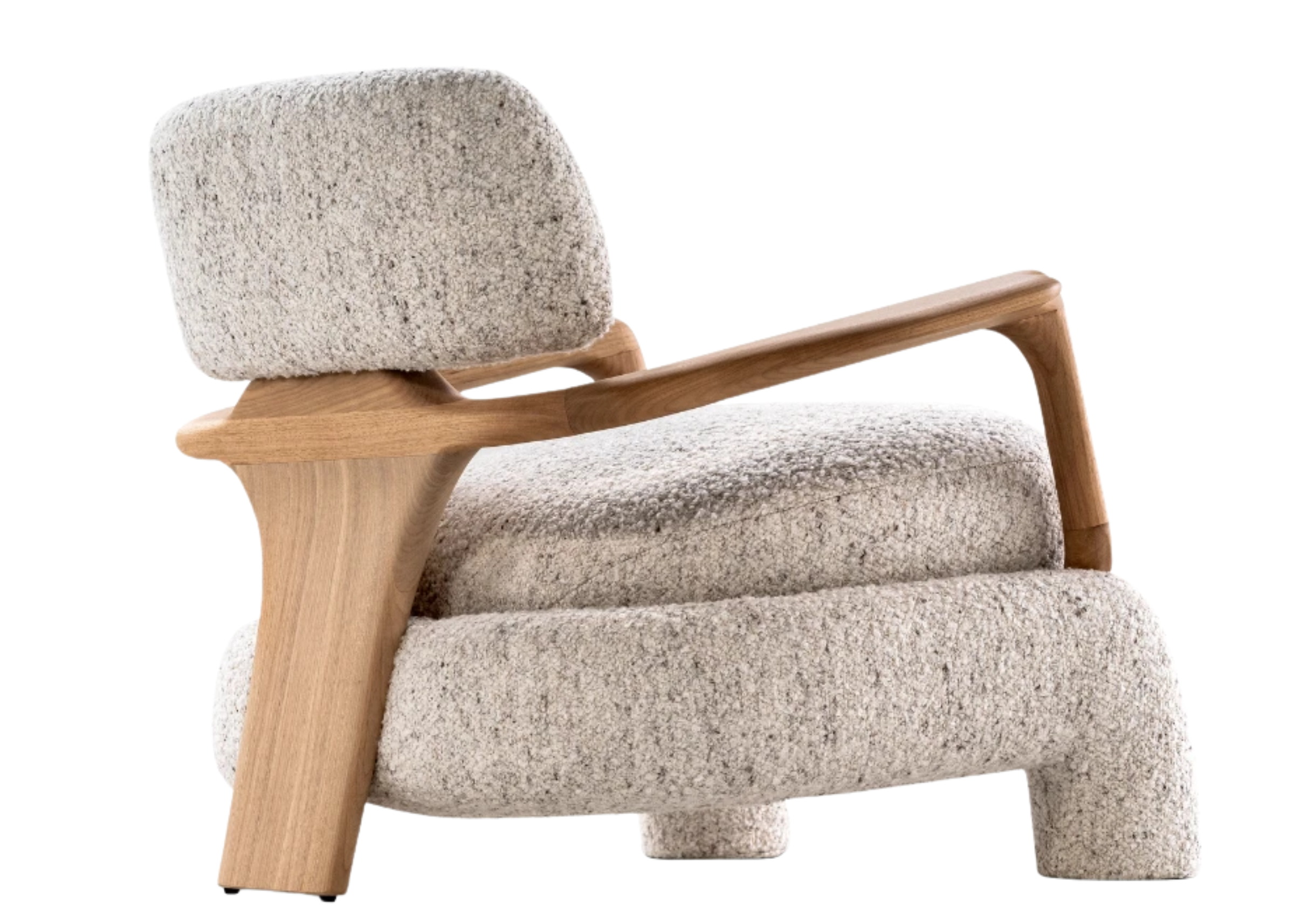 Poltrona Vértice com detalhes elegantes, base em madeira e conforto aprimorado, ideal para ambientes sofisticados e acolhedores.