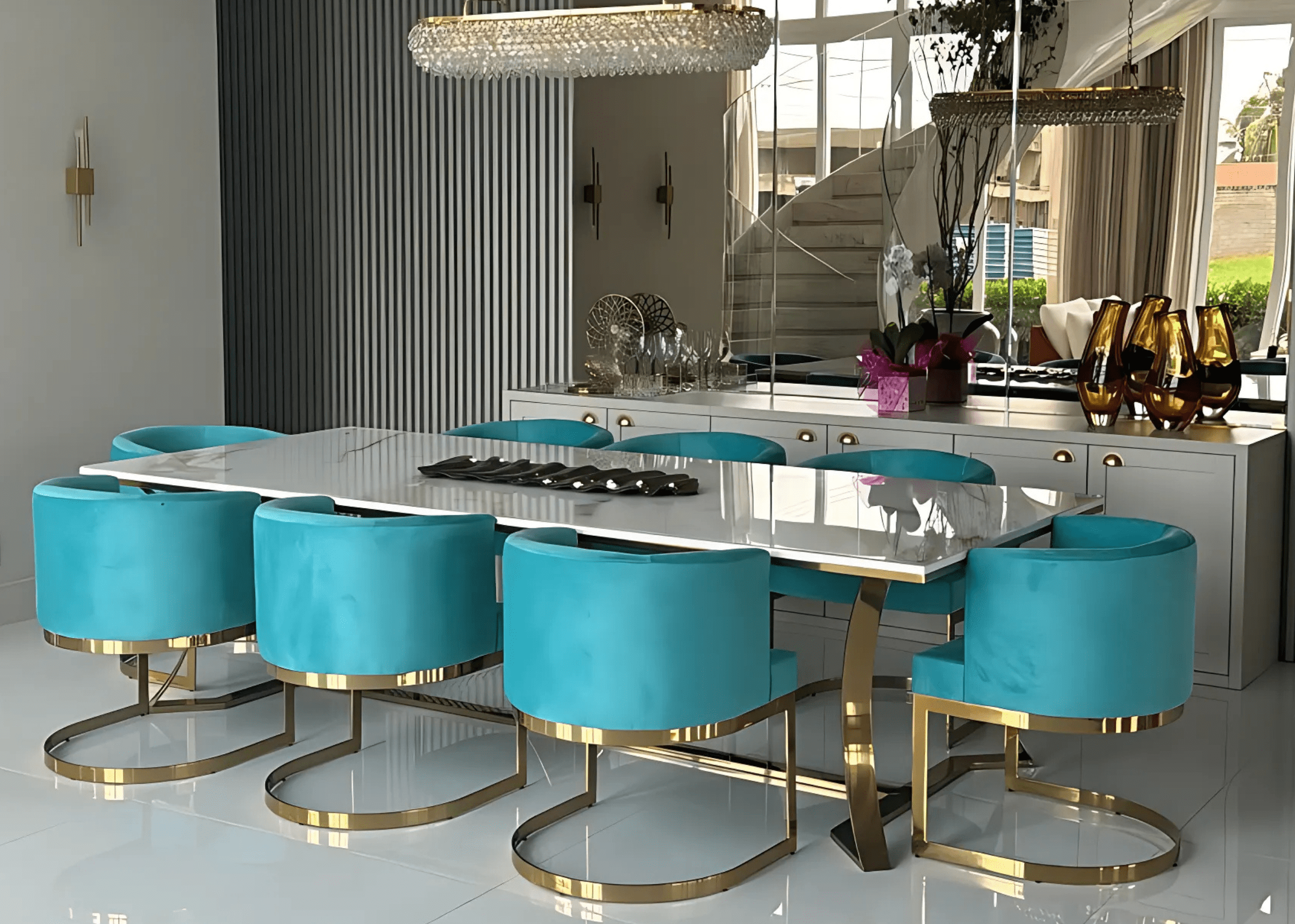Conjunto de poltronas veludo azul turquesa com base em aço inox dourado em sala de jantar sofisticada.