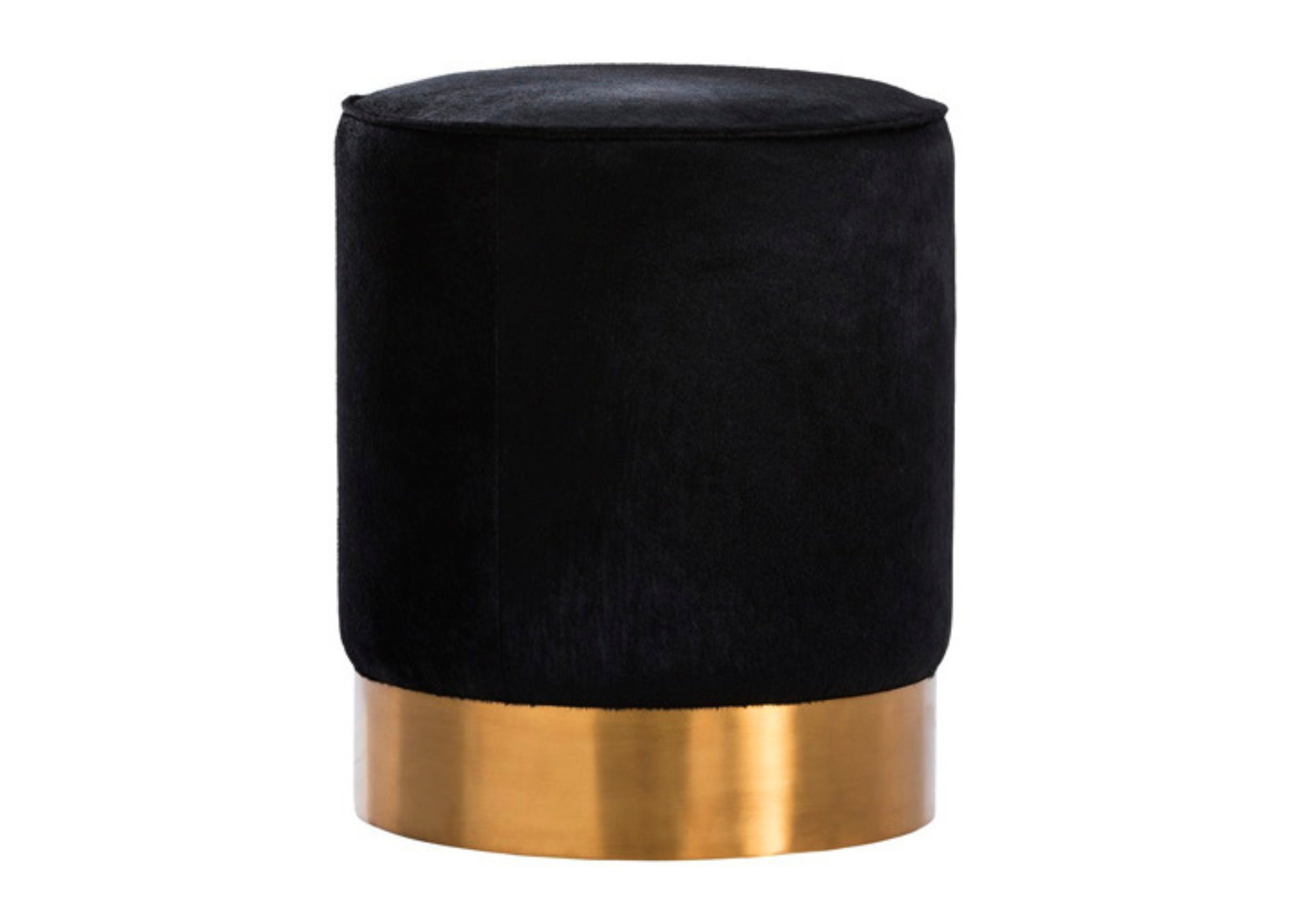 Puff Angel com base em inox dourado e estofado em veludo preto, design sofisticado e contemporâneo, ambientado em sala moderna com iluminação suave.