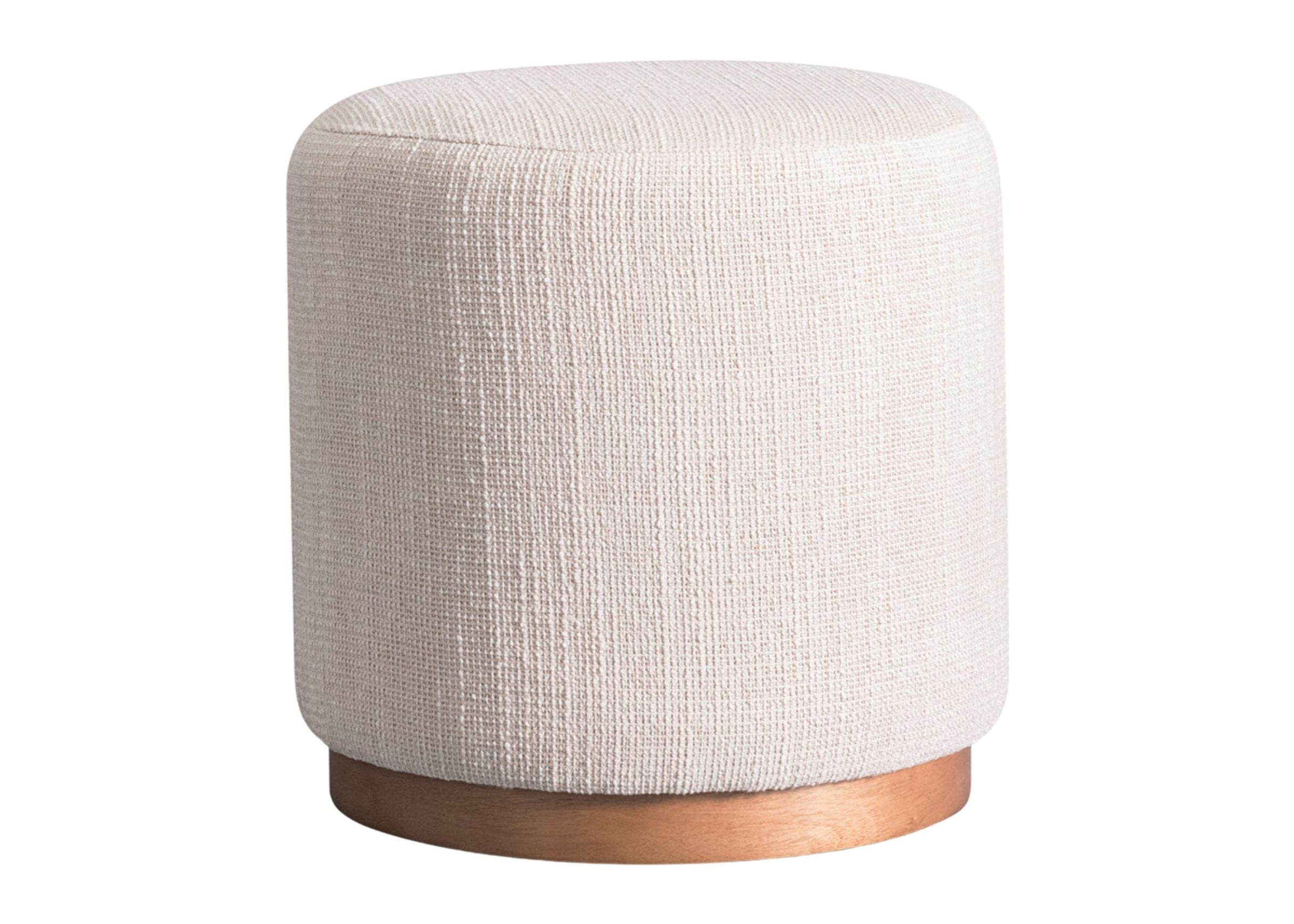 Puff Chloe em linho branco com base em madeira cinamomo, design elegante e contemporâneo, posicionado em ambiente claro e minimalista.