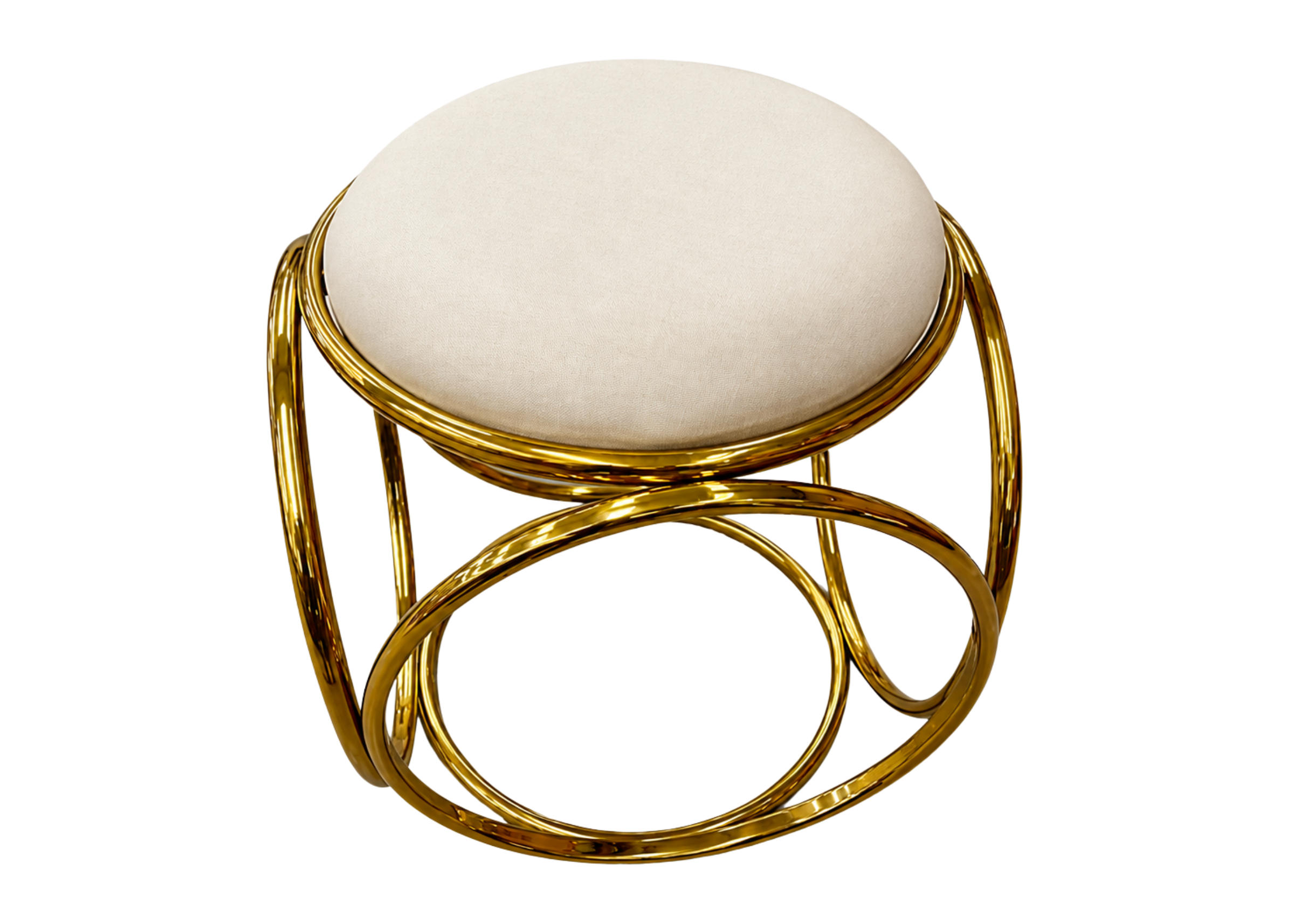 Puff redondo modelo Ouro com assento em veludo off-white e base em inox dourado. Peça elegante e atemporal, ideal para composições sofisticadas, apresentada sobre fundo neutro.
