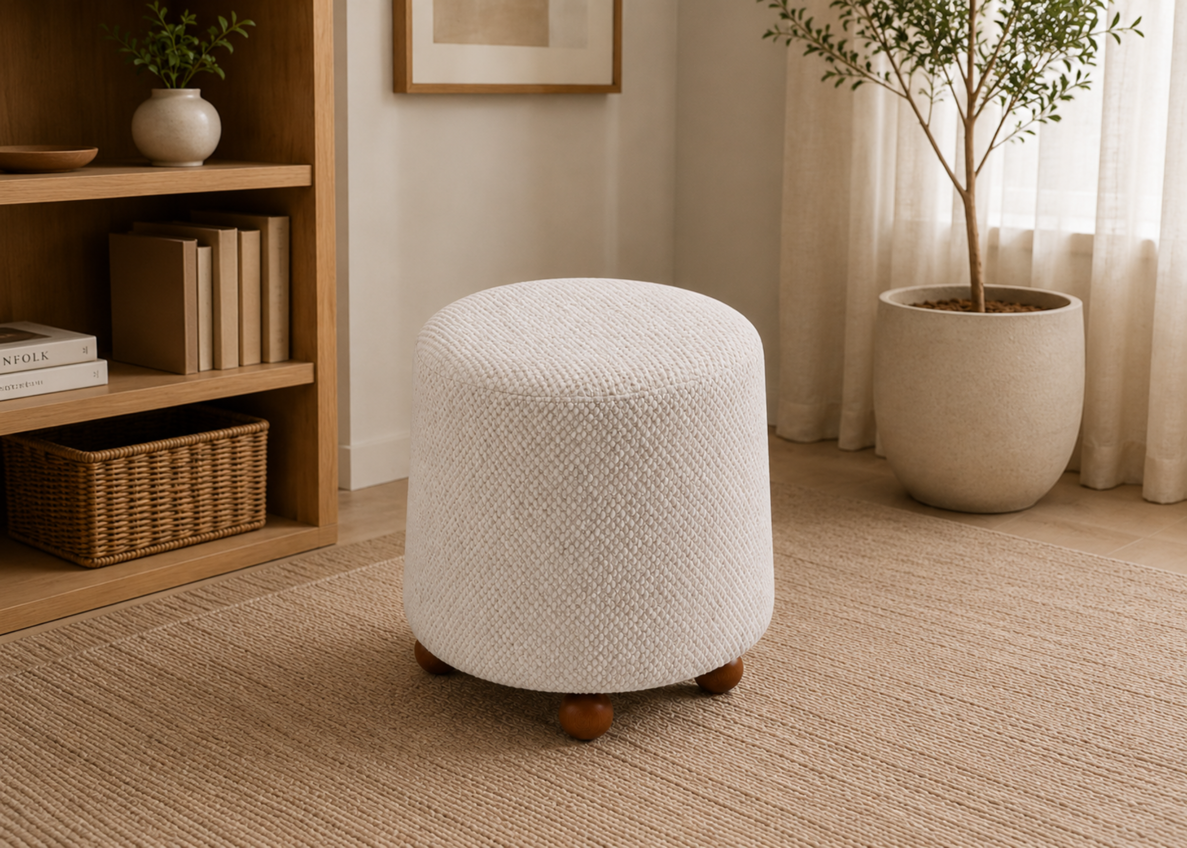Puff Domo estofado em bouclé branco com pés redondos em madeira, apresentando conforto e design sofisticado para ambientes elegantes.