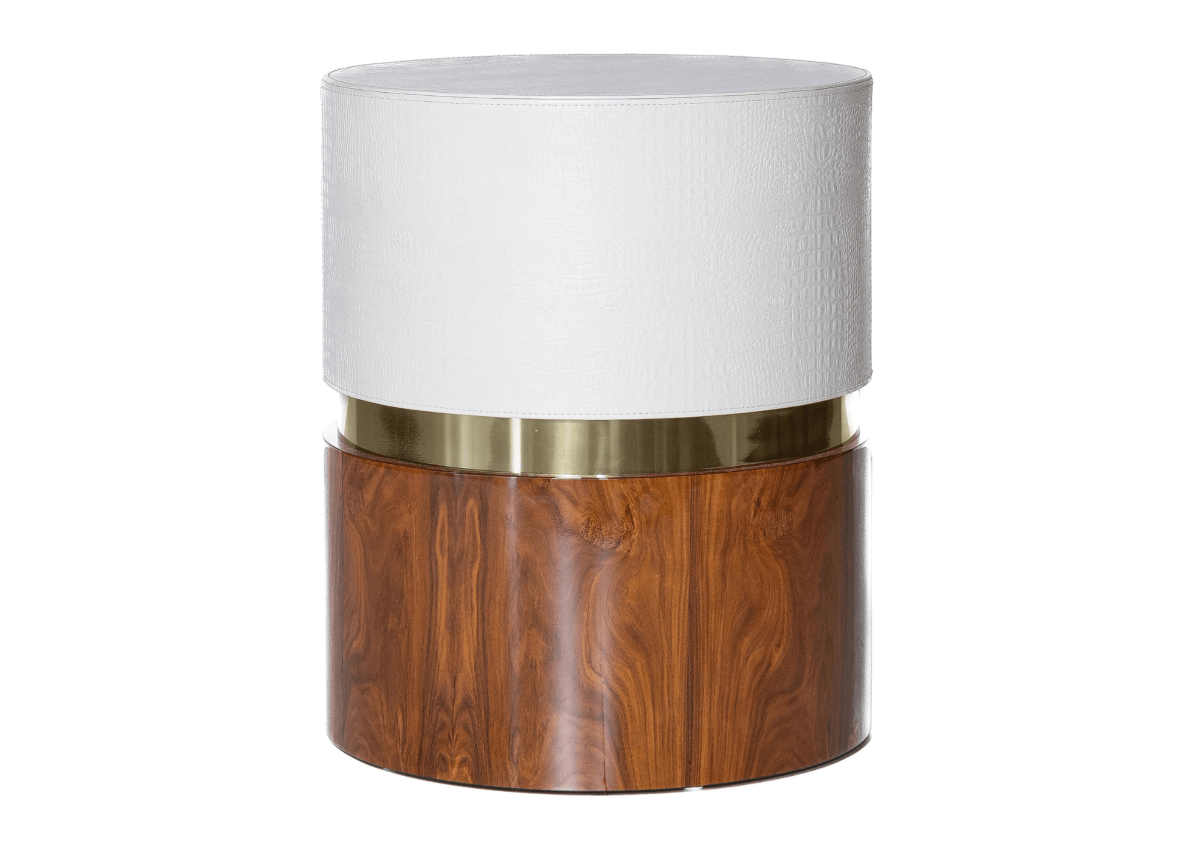 Puff Florence em madeira natural de pau-ferro com assento estofado claro, design minimalista e elegante, sobre piso neutro em ambiente moderno.