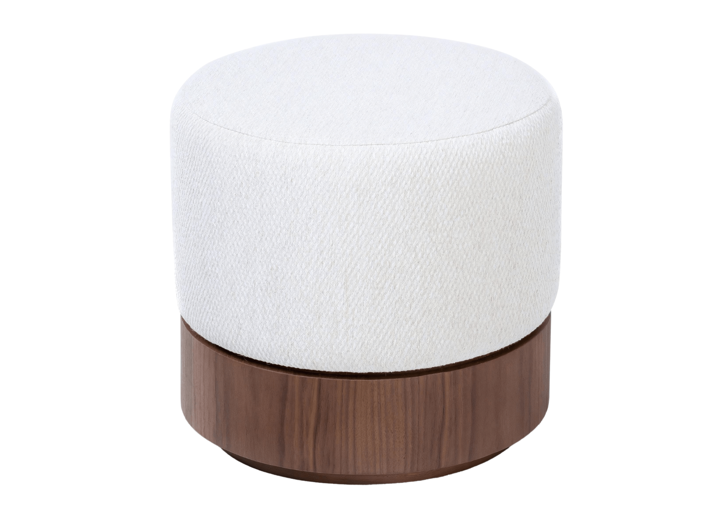Puff modelo Gael com base em madeira nogueira e assento estofado. Design contemporâneo e funcional, ideal para ambientes elegantes, apresentado sobre fundo neutro.
