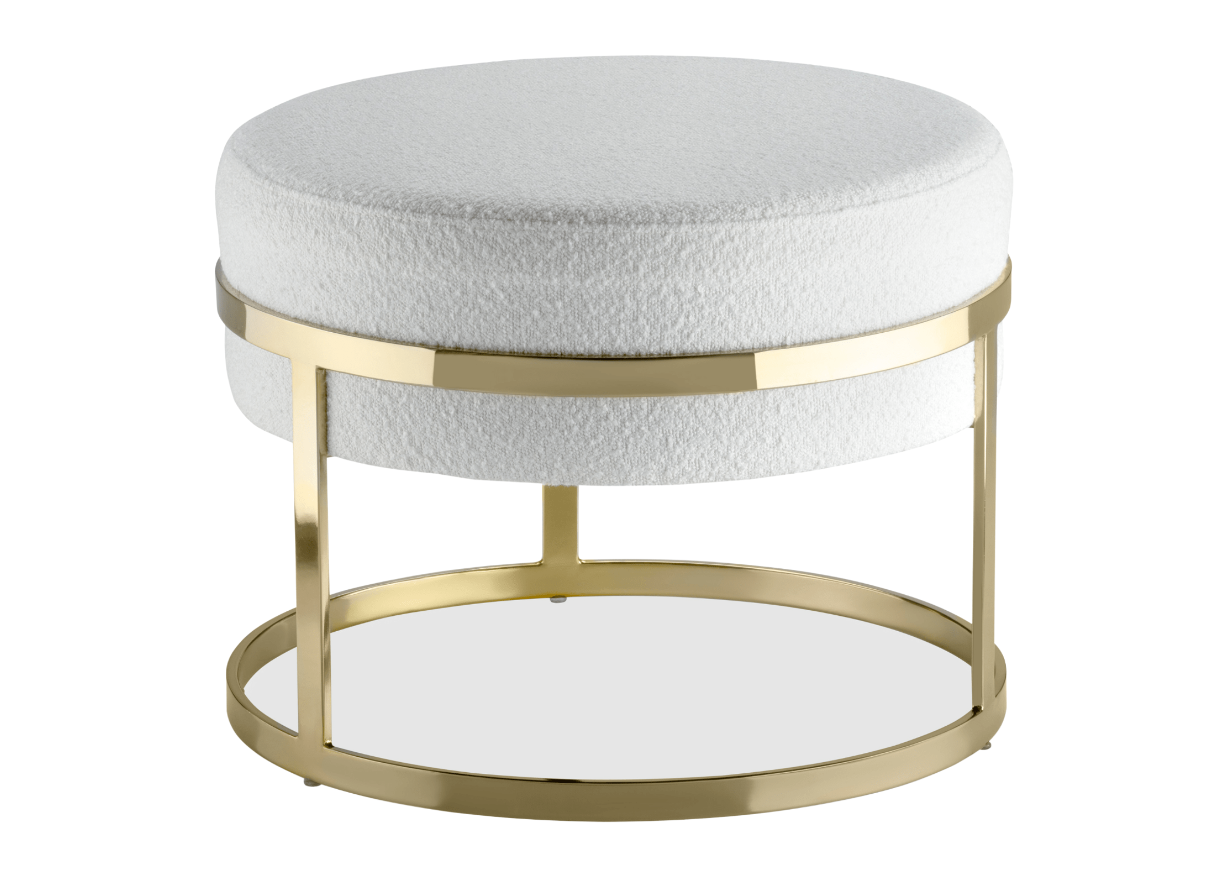Puff Gala com base em aço carbono dourado e estofado em tecido boucle branco, design sofisticado e contemporâneo, posicionado em ambiente elegante e moderno.