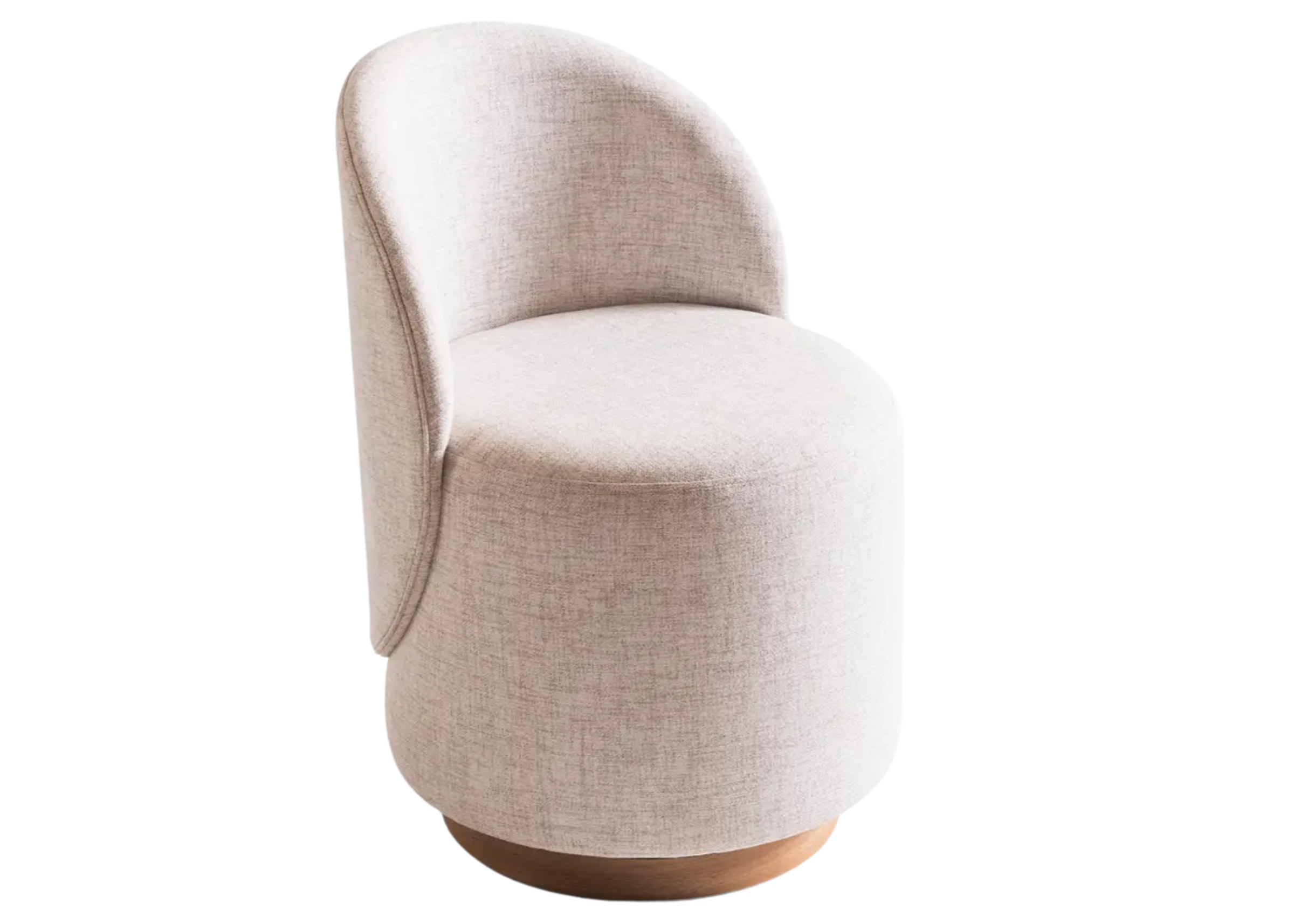 Puff giratório Ivis com revestimento em linho cru e base em lâmina de madeira, apresentando design elegante e sofisticado, ideal para compor ambientes modernos e refinados.