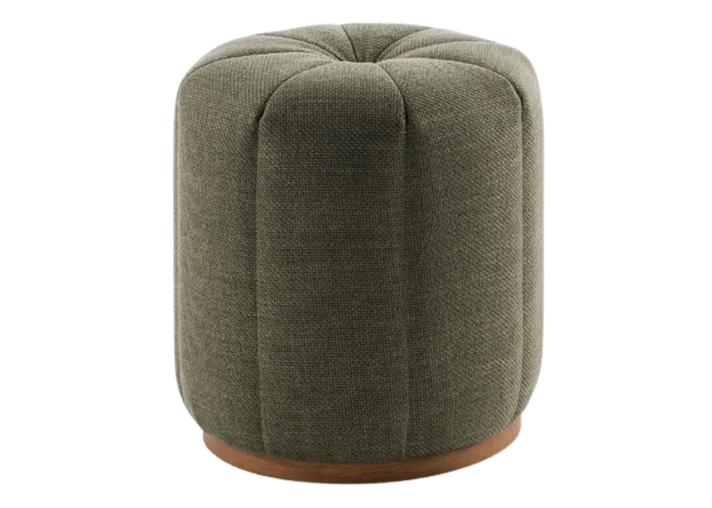 Puff Magnólia redondo com revestimento em linho verde e base em madeira castanho, apresentando design moderno e sofisticado para ambientes elegantes.