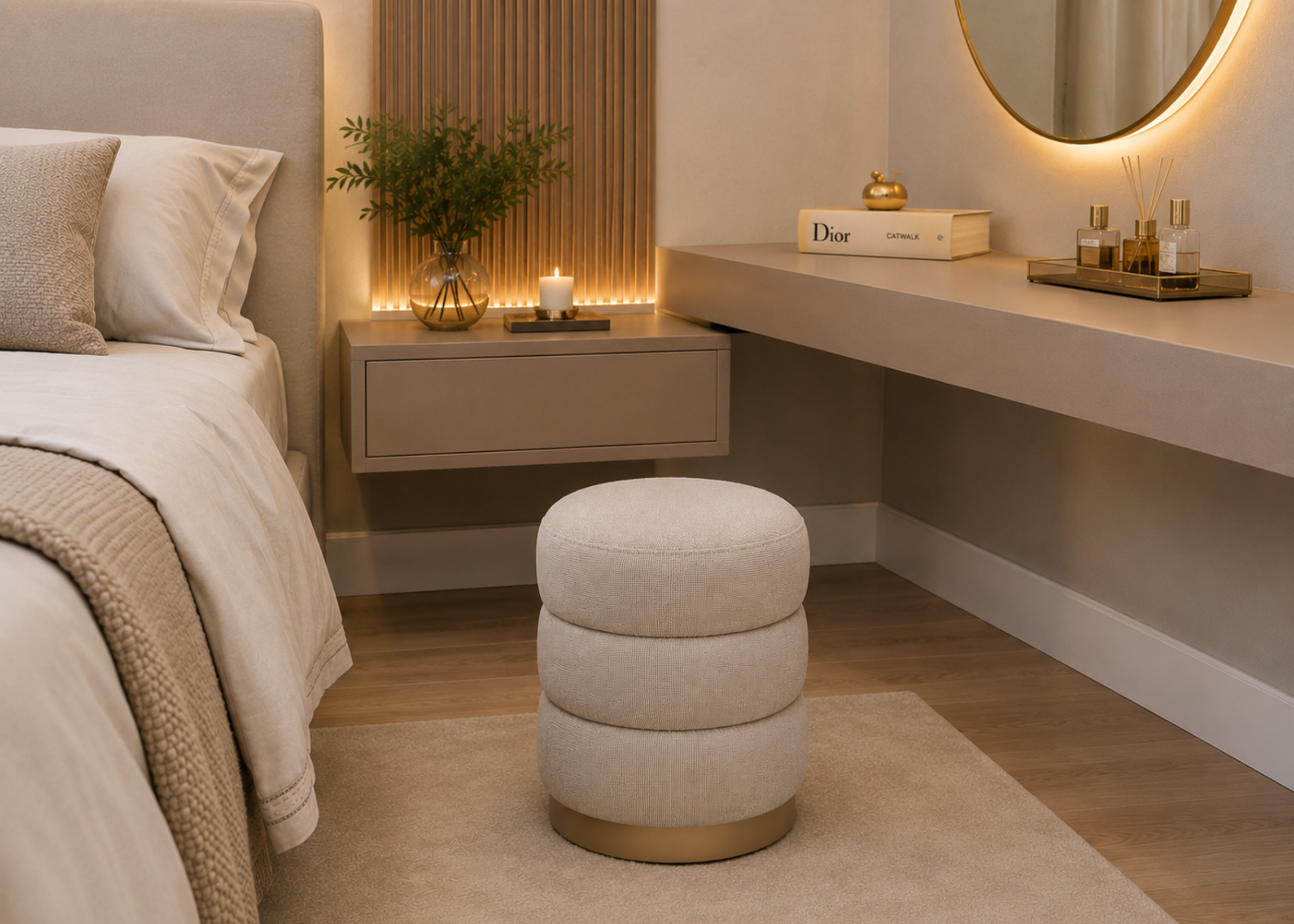 Puff Muriell com base metalizada em ouro e revestimento em tecido de linho, apresentando design sofisticado e elegante, ideal para compor ambientes modernos e refinados.