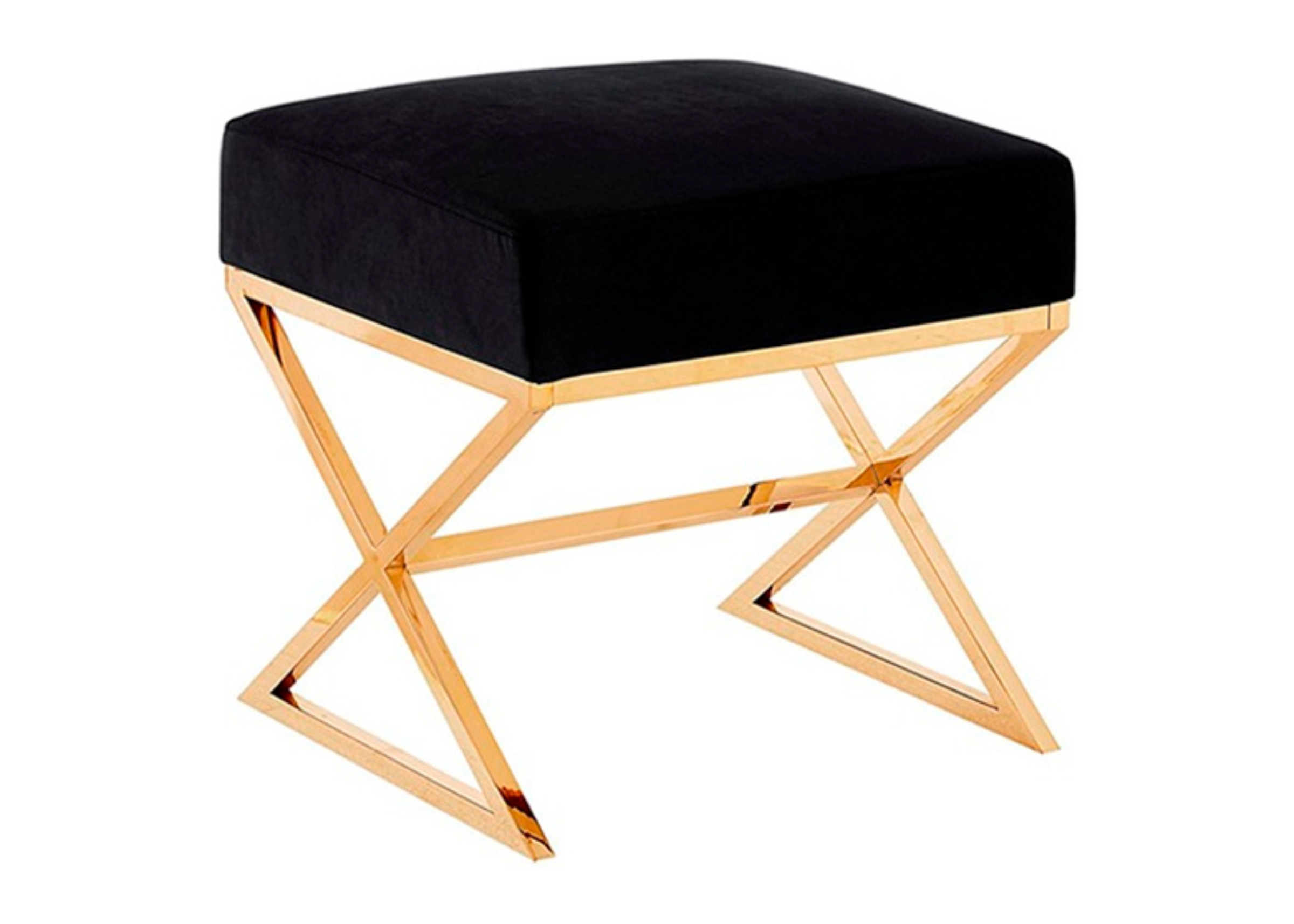 Puff modelo Ouro com assento em veludo preto e base em inox dourado. Peça sofisticada e versátil, ideal para composições elegantes, apresentada sobre fundo neutro.