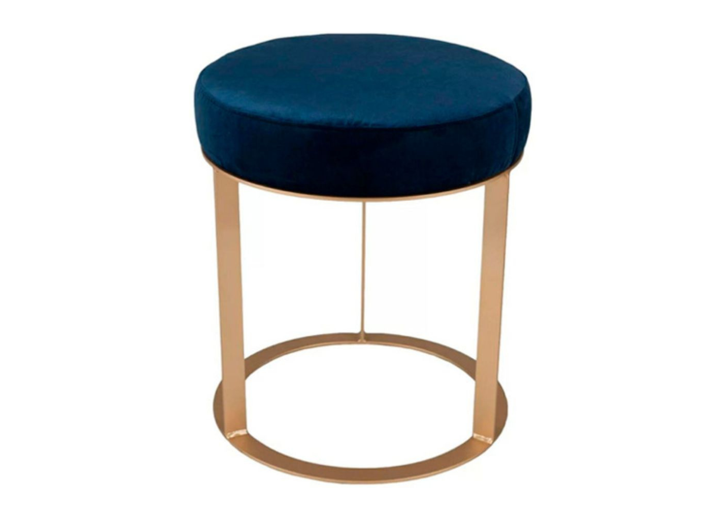 Puff redondo com base em inox dourado e assento em veludo azul. Design elegante e contemporâneo, ideal para ambientes sofisticados, apresentado sobre fundo neutro.