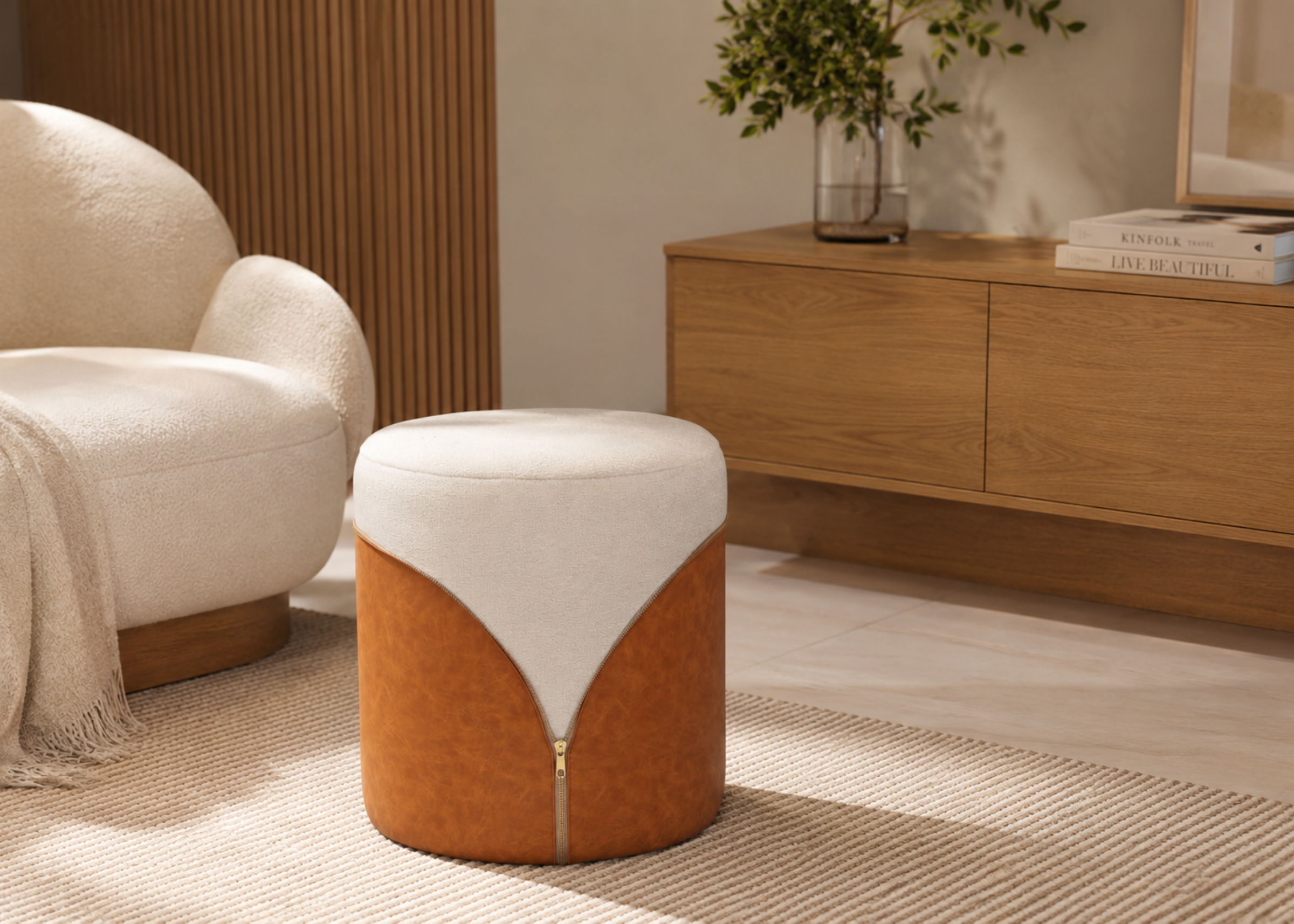 Puff Half com revestimento externo em recouro caramelo e interno em bouclé off white, ideal para compor ambientes elegantes e modernos.