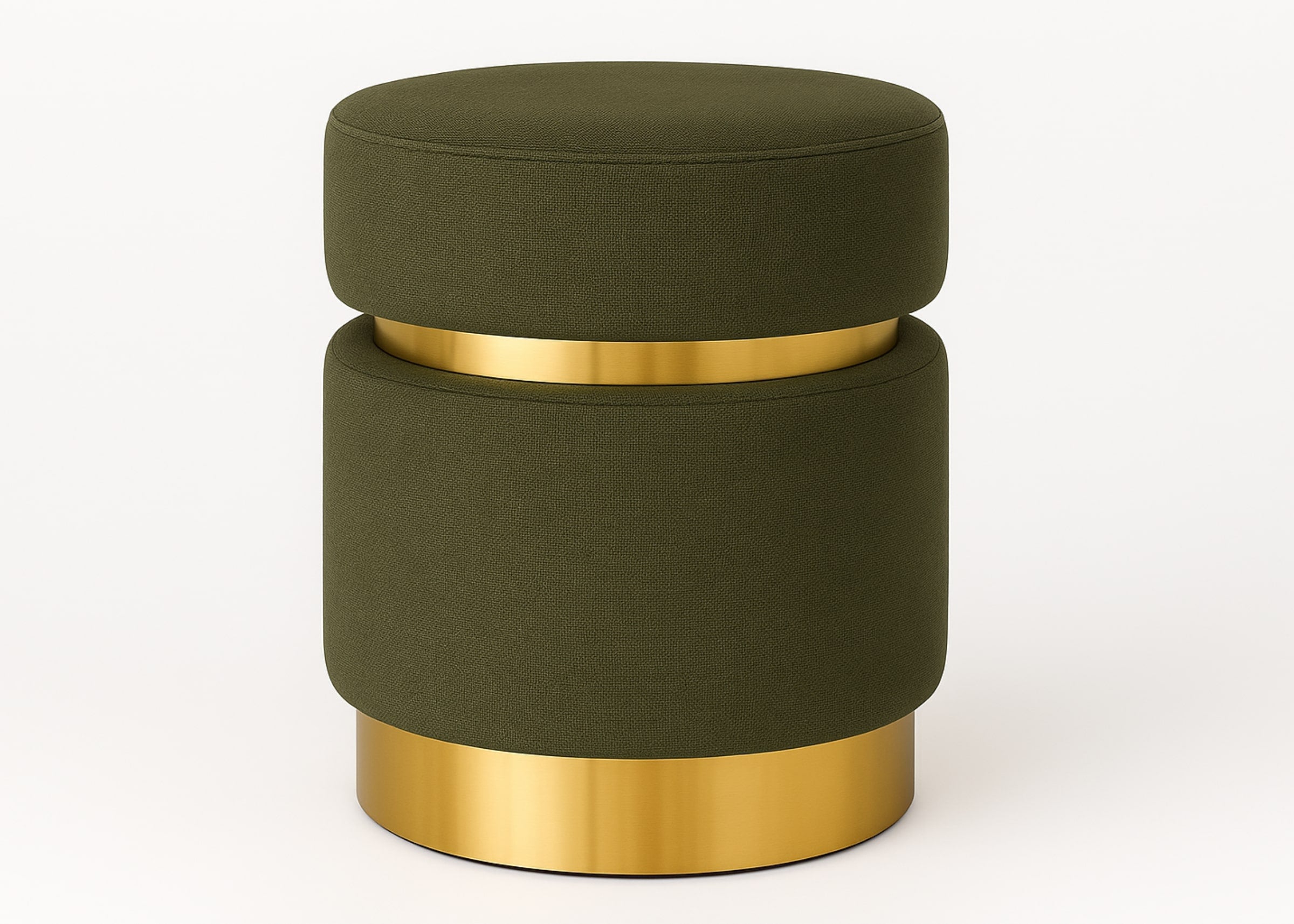 Puff decorativo redondo com base dourada e estofado verde militar para salas, halls e quartos.