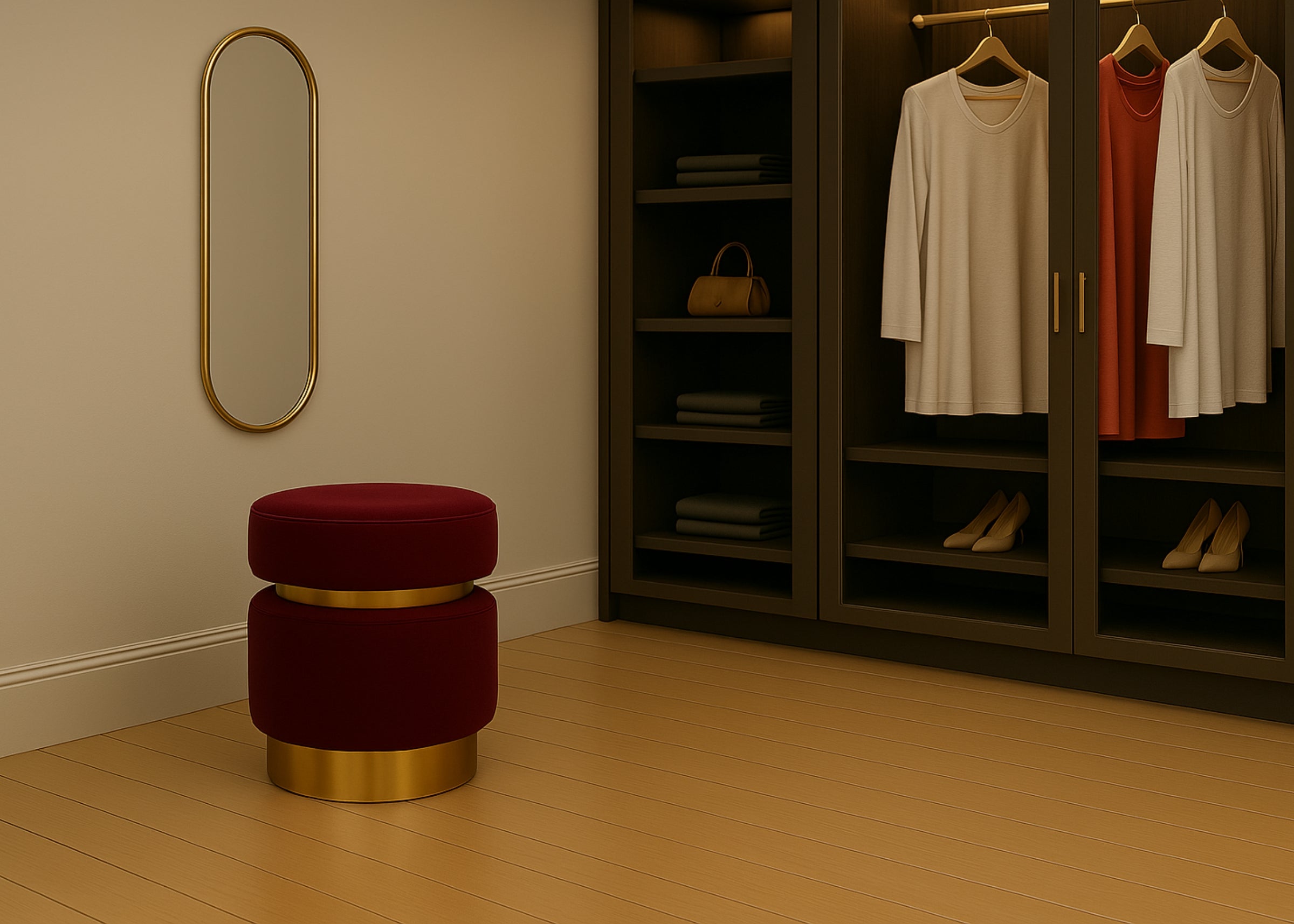 Puff dourado redondo em veludo bordô, perfeito para um closet luxuoso e sofisticado.
