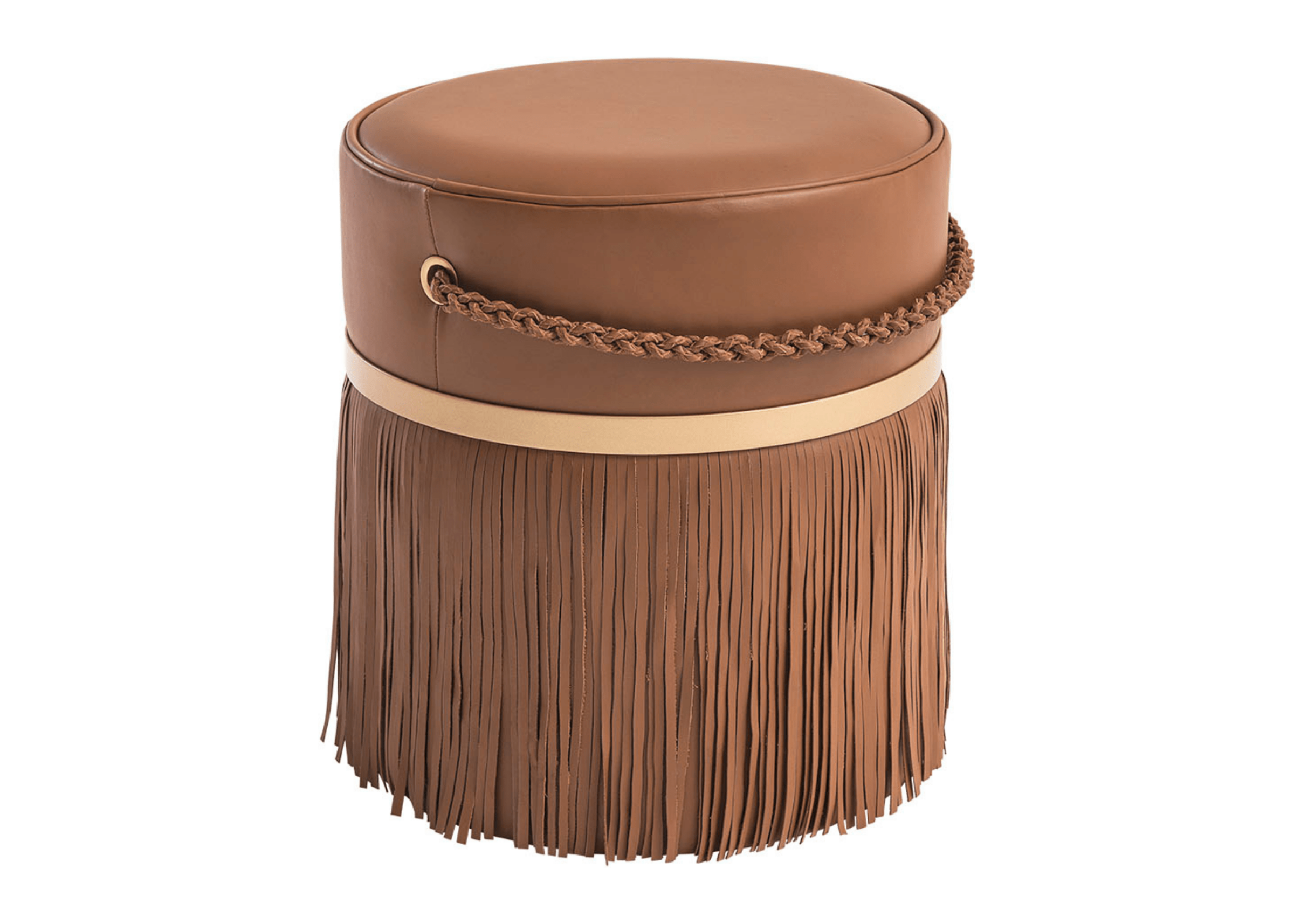 Puff Serena com franjas em couro natural, design exclusivo e artesanal, ambientado em espaço contemporâneo com toque rústico e sofisticado.