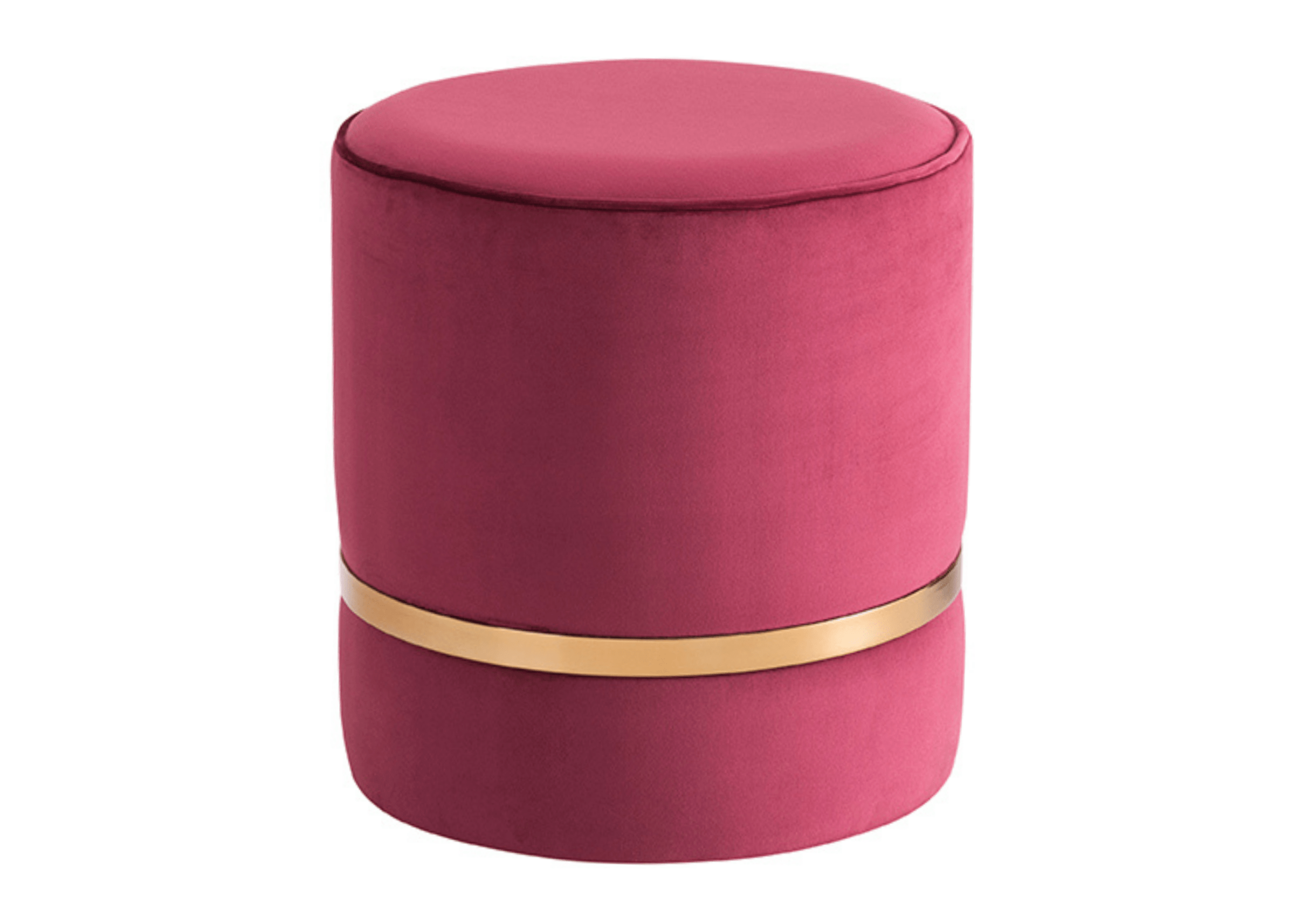 Puff Serena em veludo rosa com detalhe dourado, design elegante e moderno, ambientado em sala de estar com decoração suave e contemporânea.