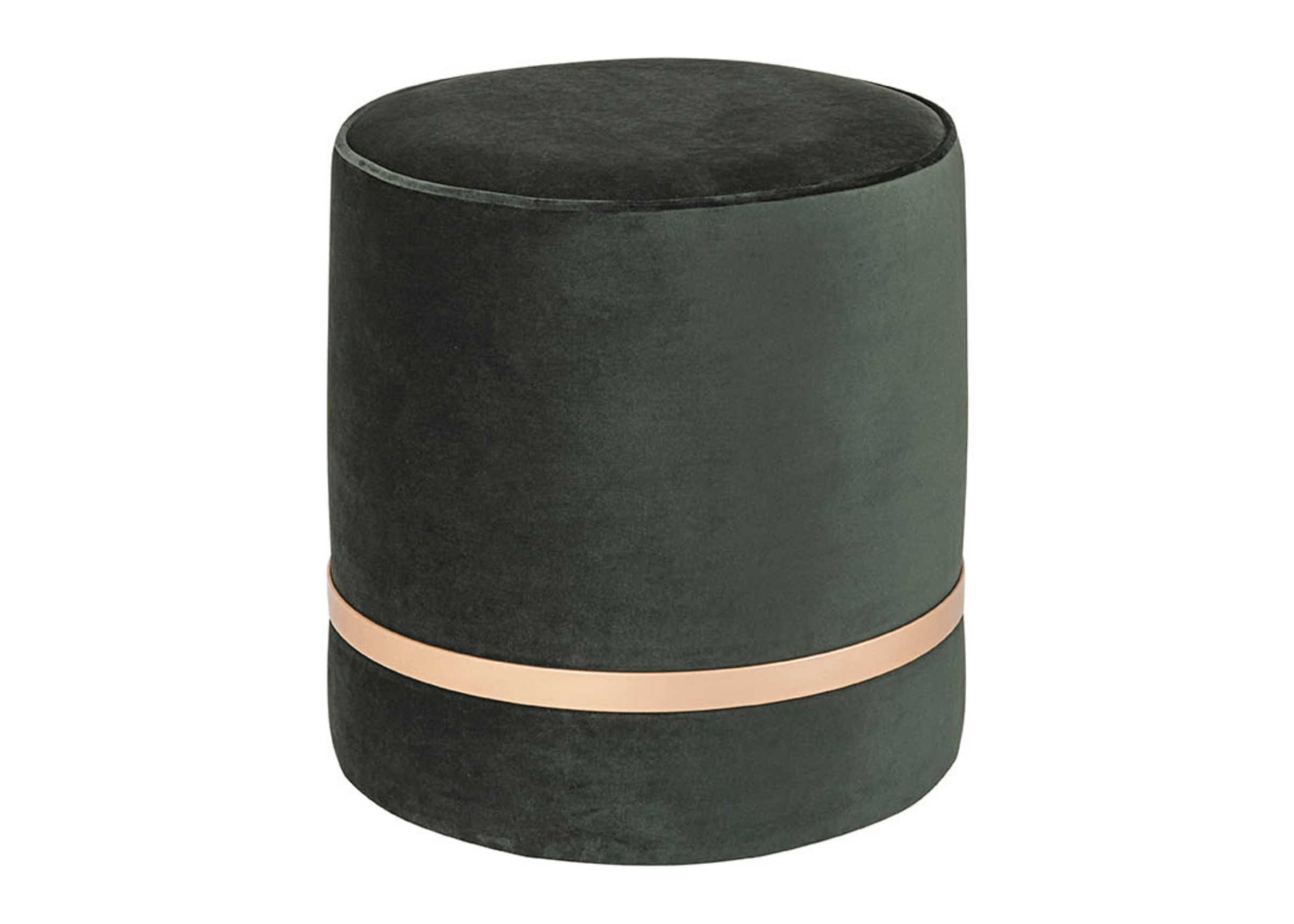 Puff Serena em veludo verde oliva com detalhe em aro metálico, design contemporâneo e sofisticado, situado em ambiente moderno com iluminação natural.