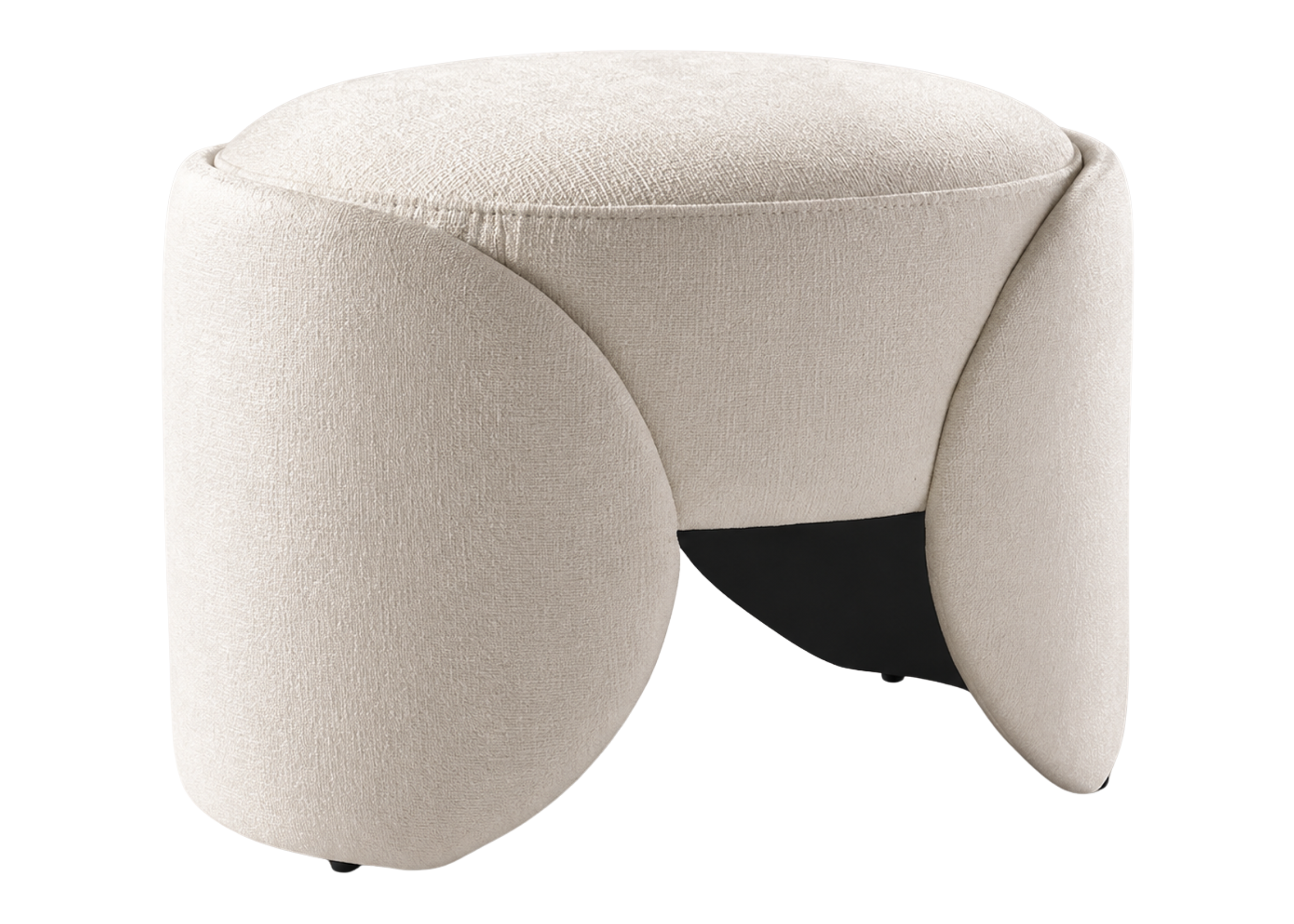 Puff Tulipa totalmente estofado em linho off white, apresentando design elegante e sofisticado, ideal para compor ambientes modernos e acolhedores.