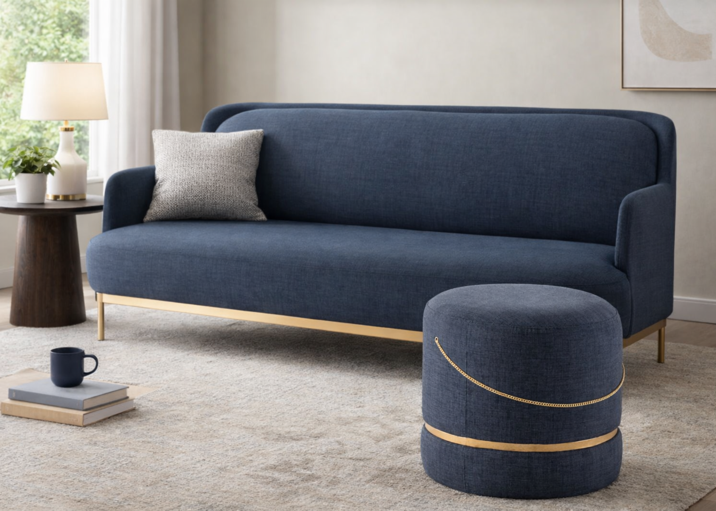 Puff Yago em sala moderna, com design sofisticado ideal para ambientes contemporâneos e elegantes.