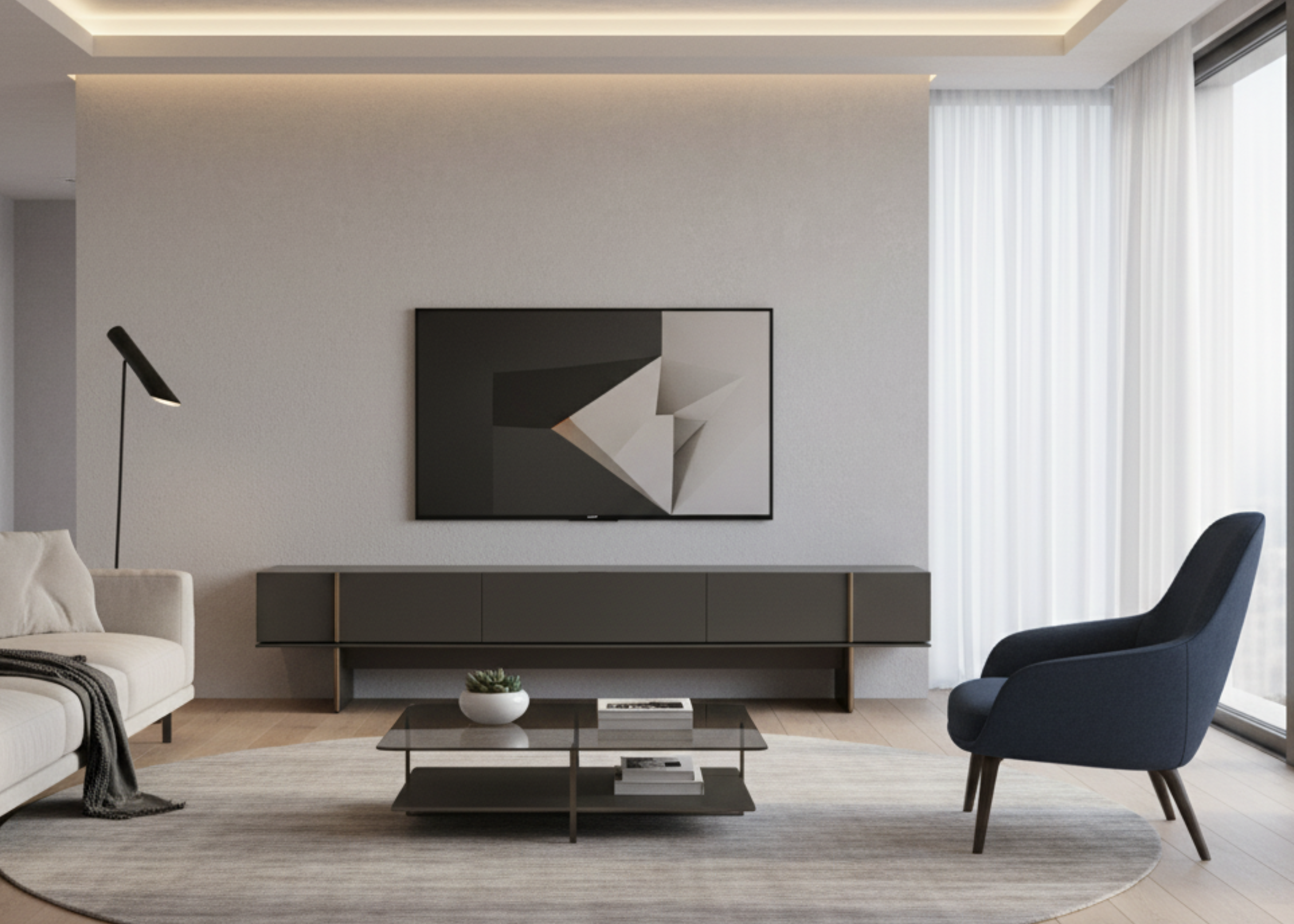 Rack moderno modelo Vianello para sala de estar, em laca fosca com detalhe dourado, peça elegante e funcional.