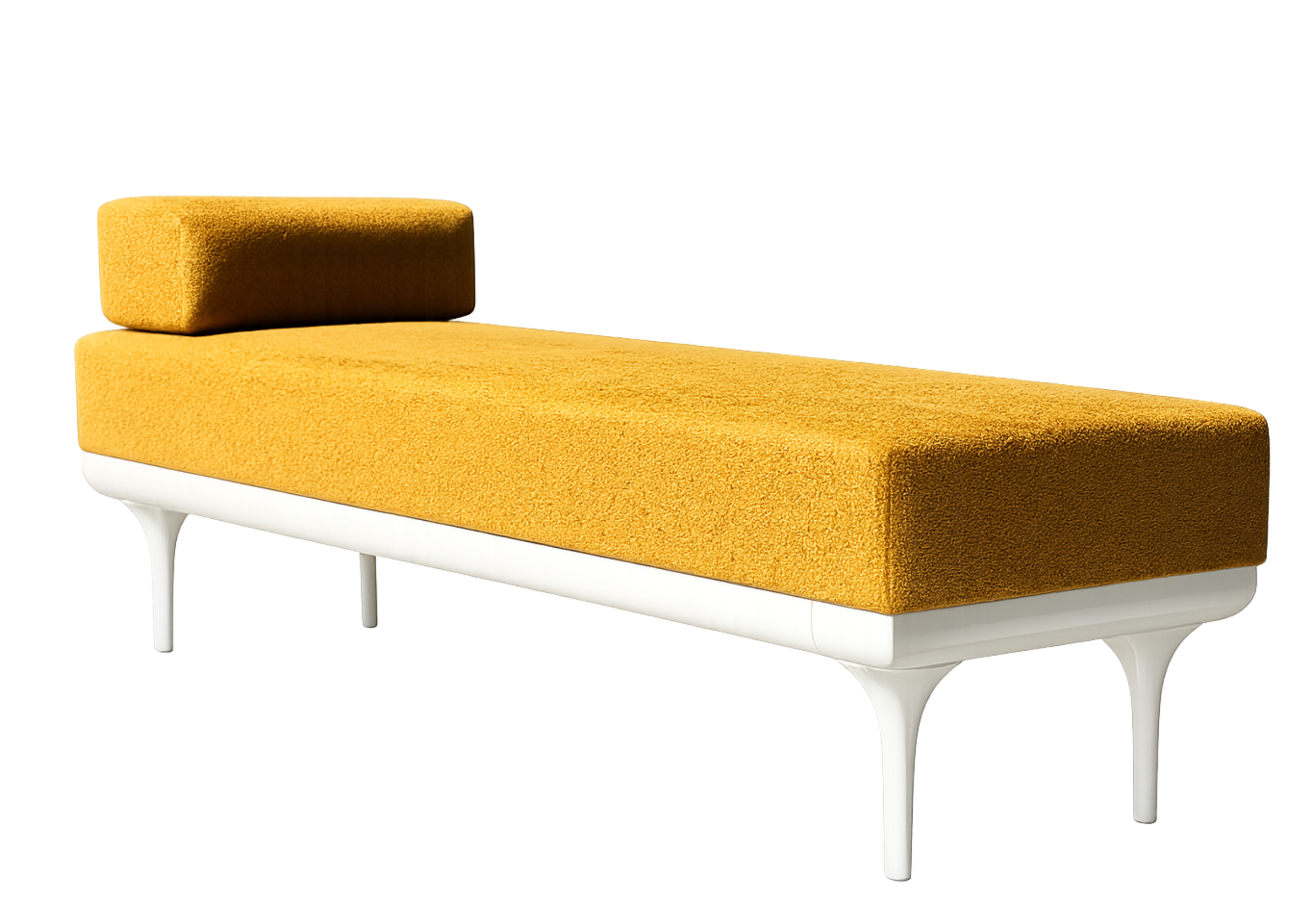 Recamier Argos em tecido texturizado mostarda com design linear e estrutura leve para decoração contemporânea.