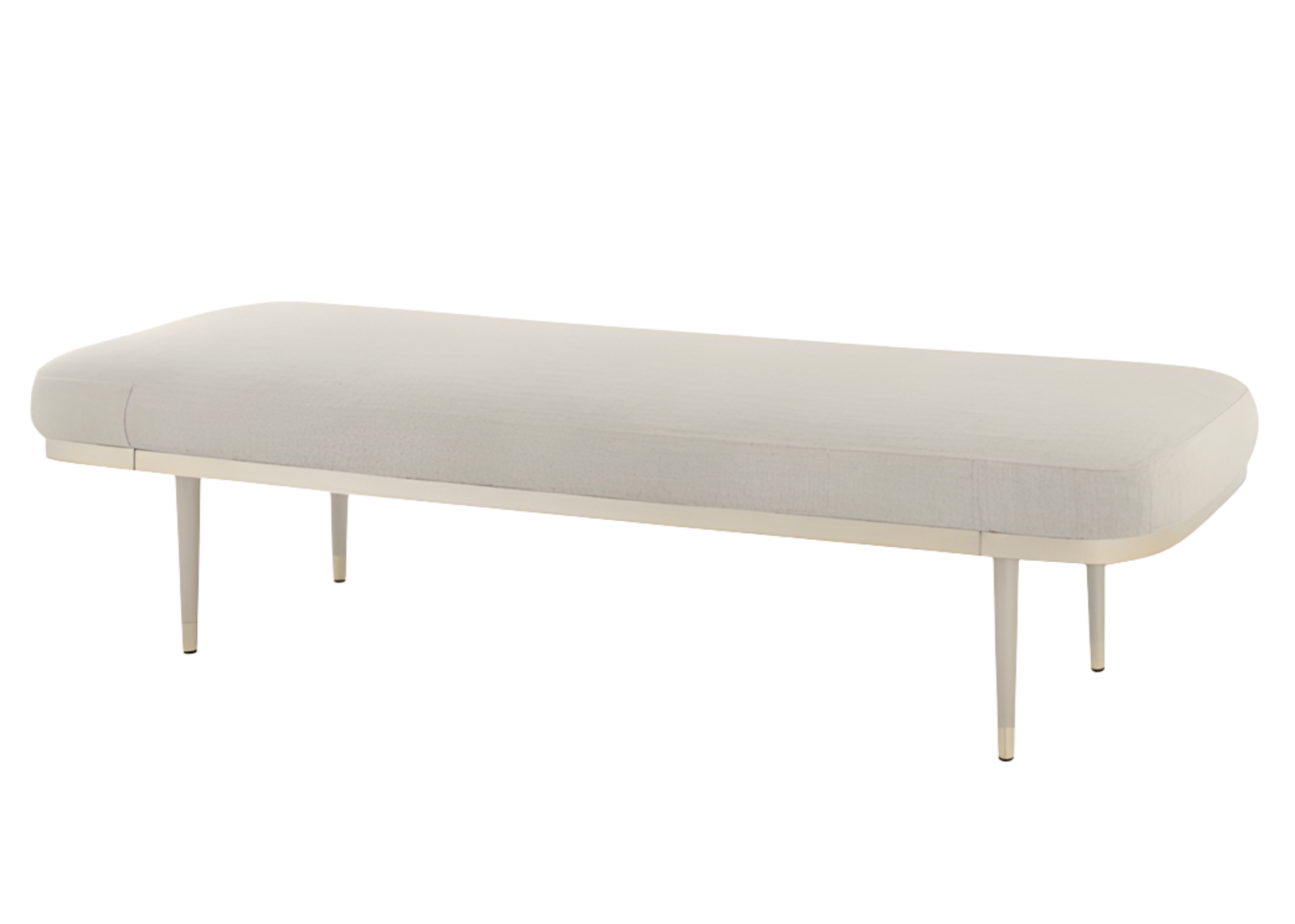 Recamier Calla revestido em tecido off-white com base champagne, unindo conforto, elegância e sofisticação ao ambiente.